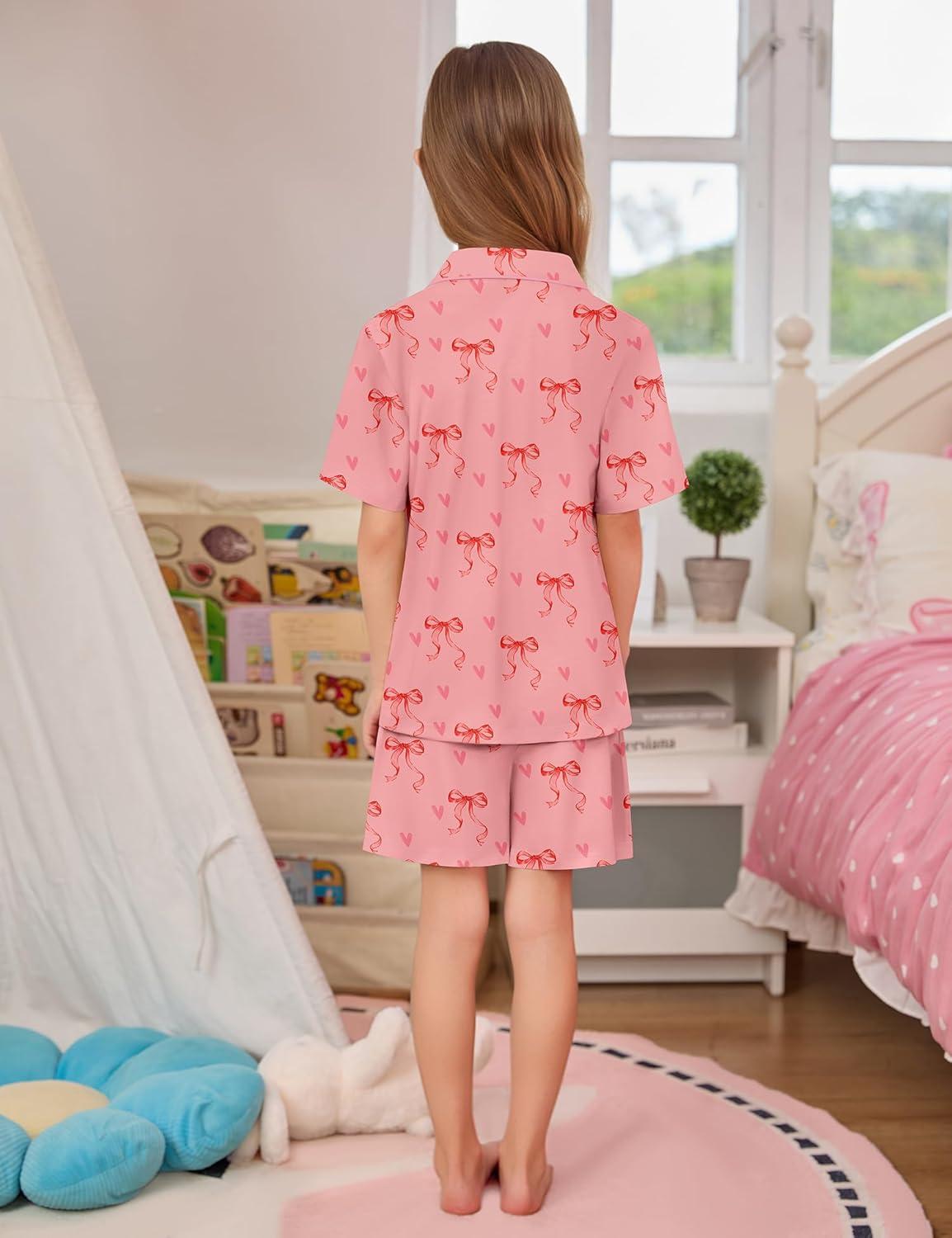 imageSWOMOG Kids Pajamas Sets 3PCS Short Sleeve Long Pants with Shorts Girls Boys Button Down PJS Cute Loungewear for 4T15YearsPink Bowknot
