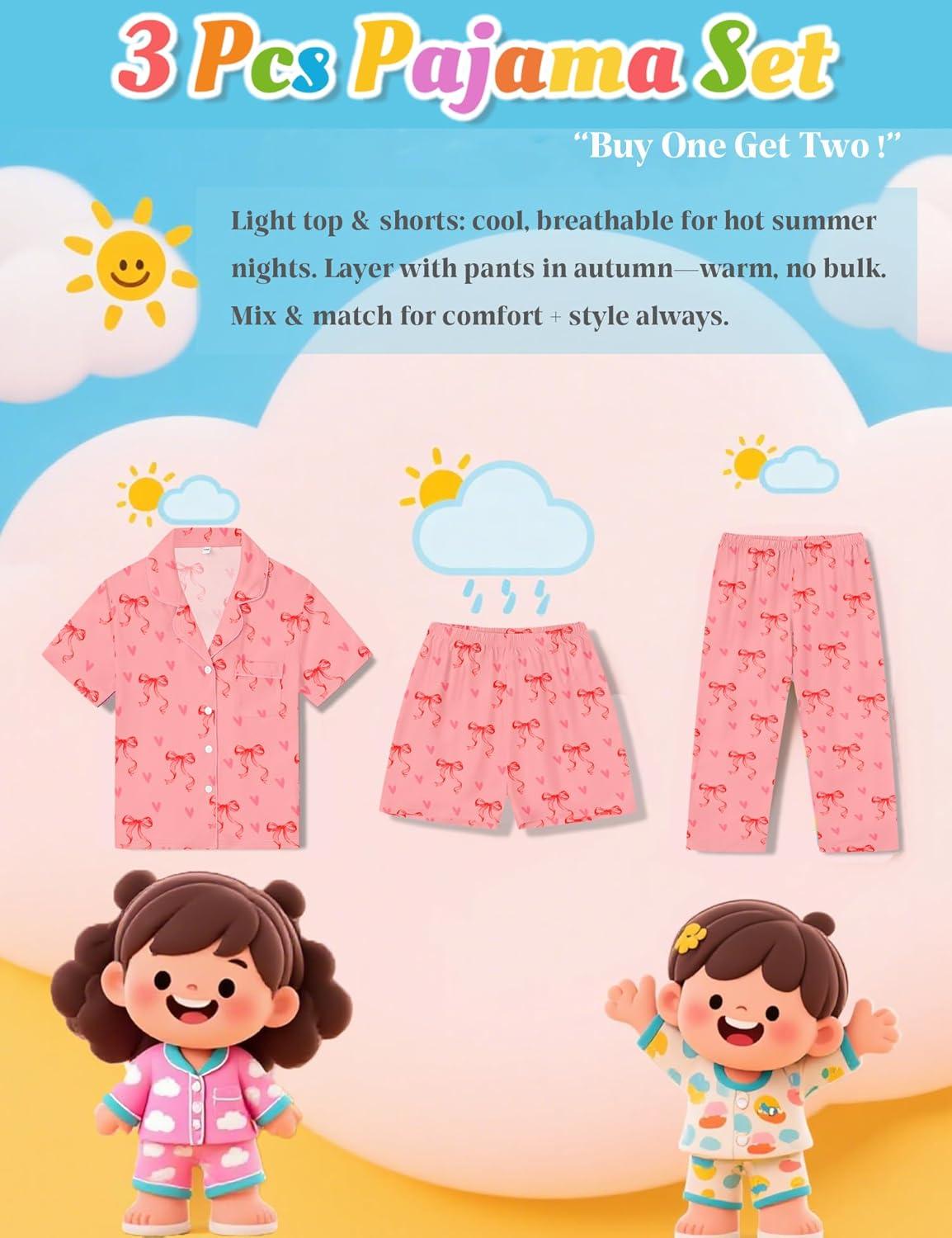 imageSWOMOG Kids Pajamas Sets 3PCS Short Sleeve Long Pants with Shorts Girls Boys Button Down PJS Cute Loungewear for 4T15YearsPink Bowknot