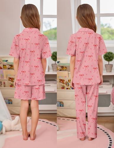 imageSWOMOG Kids Pajamas Sets 3PCS Short Sleeve Long Pants with Shorts Girls Boys Button Down PJS Cute Loungewear for 4T15YearsPink Bowknot