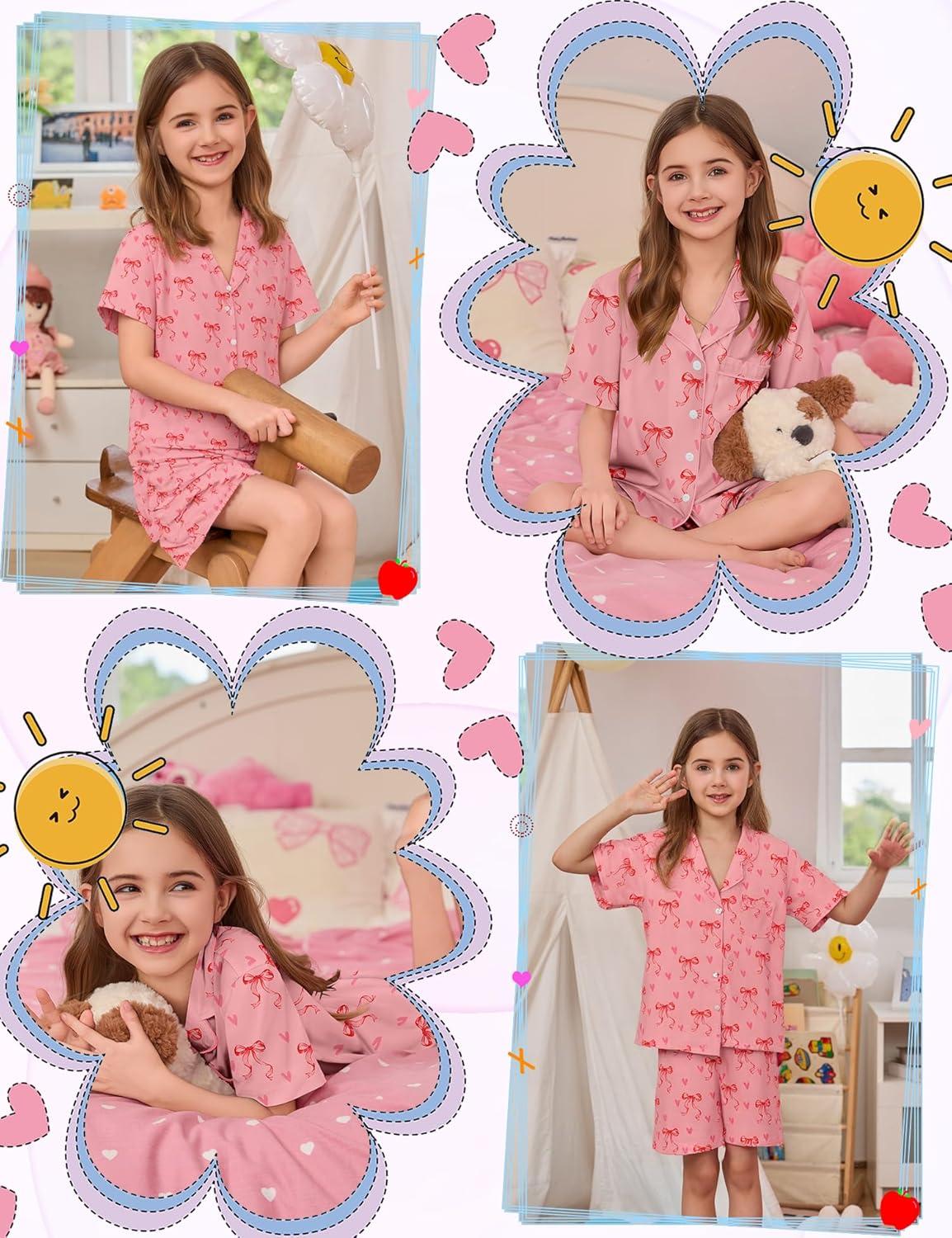 imageSWOMOG Kids Pajamas Sets 3PCS Short Sleeve Long Pants with Shorts Girls Boys Button Down PJS Cute Loungewear for 4T15YearsPink Bowknot