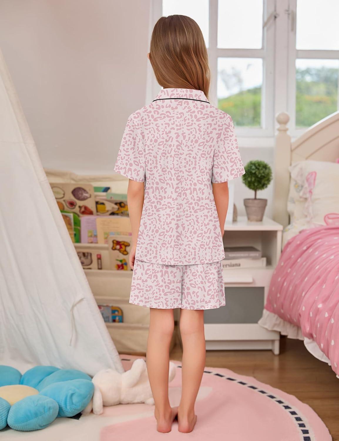 imageSWOMOG Kids Pajamas Sets 3PCS Short Sleeve Long Pants with Shorts Girls Boys Button Down PJS Cute Loungewear for 4T15YearsPink Leopard