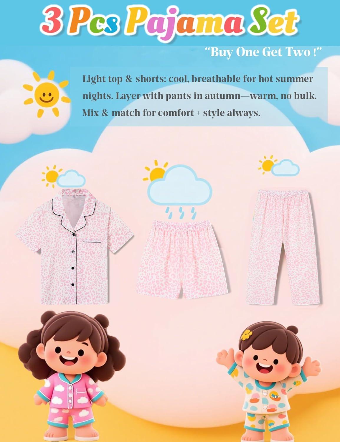 imageSWOMOG Kids Pajamas Sets 3PCS Short Sleeve Long Pants with Shorts Girls Boys Button Down PJS Cute Loungewear for 4T15YearsPink Leopard