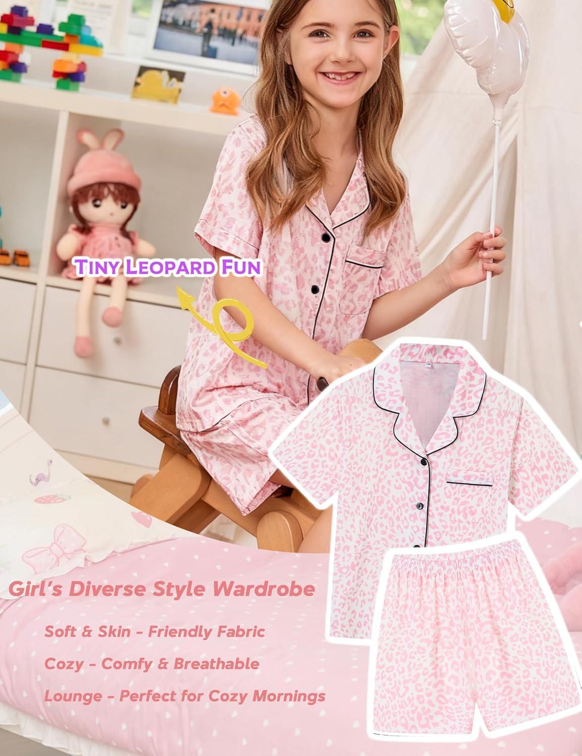 imageSWOMOG Kids Pajamas Sets 3PCS Short Sleeve Long Pants with Shorts Girls Boys Button Down PJS Cute Loungewear for 4T15YearsPink Leopard