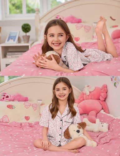 imageSWOMOG Kids Pajamas Sets 3PCS Short Sleeve Long Pants with Shorts Girls Boys Button Down PJS Cute Loungewear for 4T15YearsPink Leopard