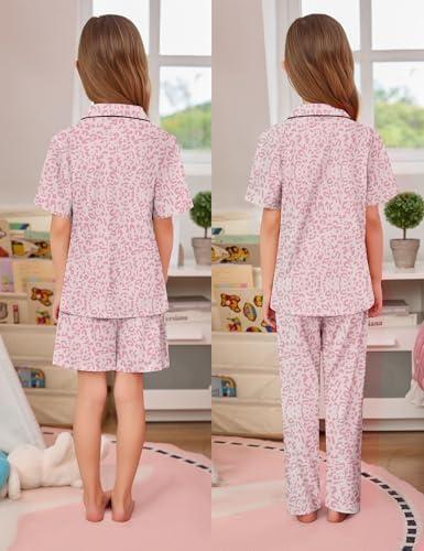 imageSWOMOG Kids Pajamas Sets 3PCS Short Sleeve Long Pants with Shorts Girls Boys Button Down PJS Cute Loungewear for 4T15YearsPink Leopard