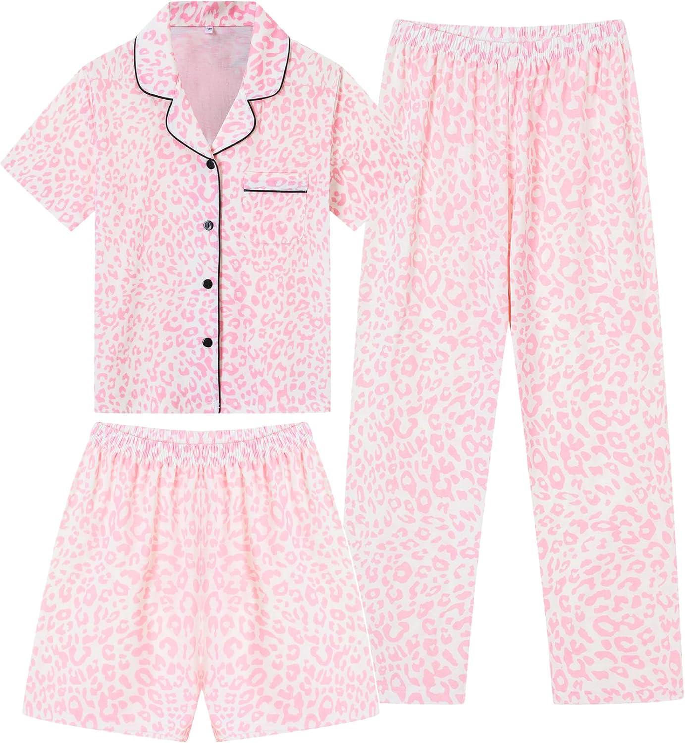 imageSWOMOG Kids Pajamas Sets 3PCS Short Sleeve Long Pants with Shorts Girls Boys Button Down PJS Cute Loungewear for 4T15YearsPink Leopard