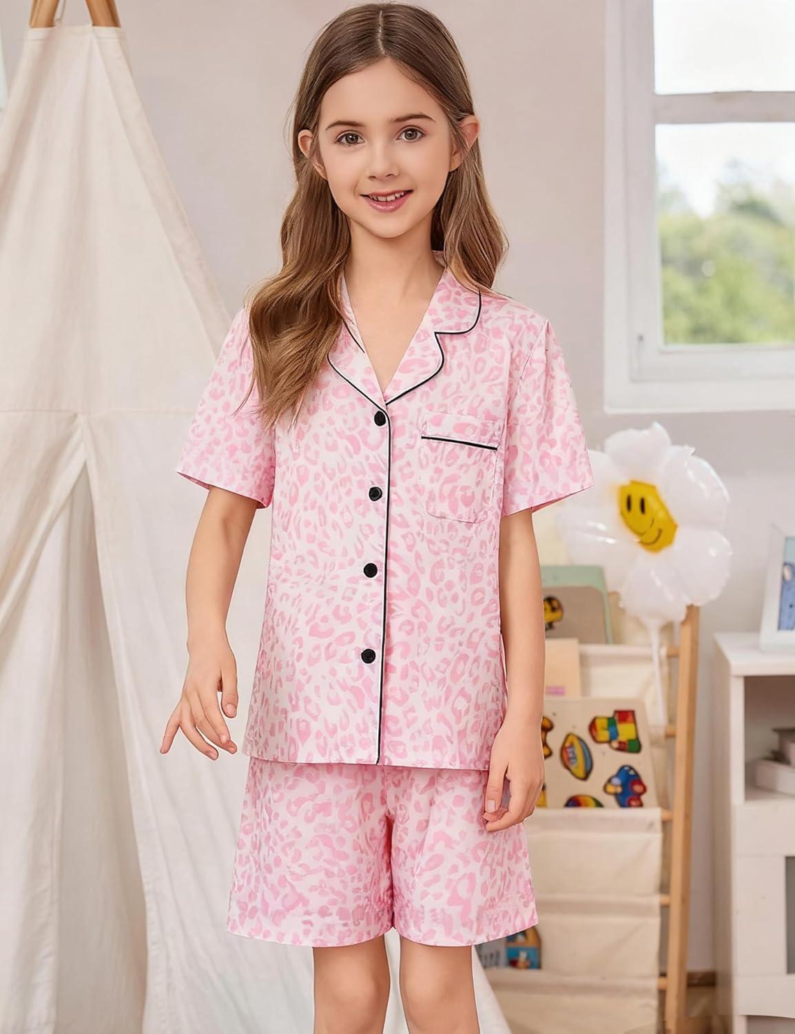 imageSWOMOG Kids Pajamas Sets 3PCS Short Sleeve Long Pants with Shorts Girls Boys Button Down PJS Cute Loungewear for 4T15YearsPink Leopard