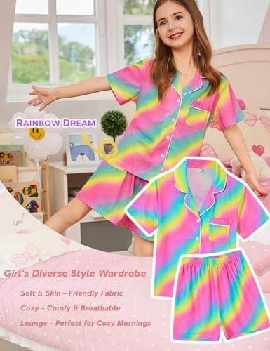 imageSWOMOG Kids Pajamas Sets 3PCS Short Sleeve Long Pants with Shorts Girls Boys Button Down PJS Cute Loungewear for 4T15YearsRainbow