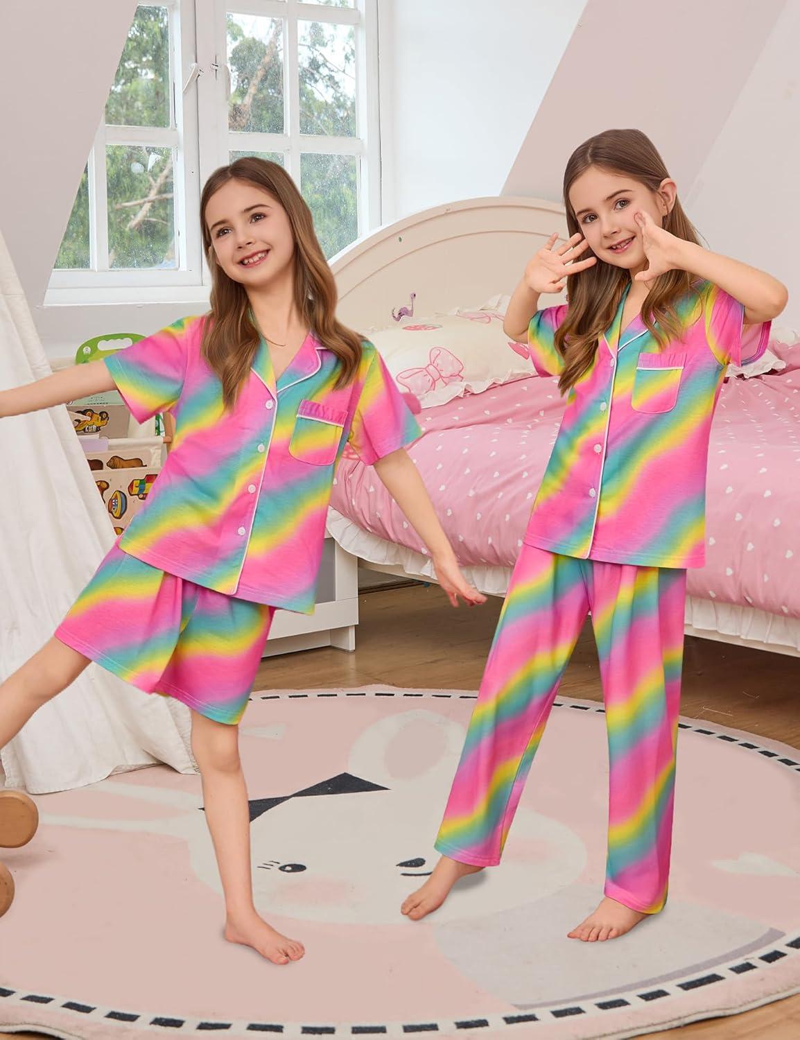imageSWOMOG Kids Pajamas Sets 3PCS Short Sleeve Long Pants with Shorts Girls Boys Button Down PJS Cute Loungewear for 4T15YearsRainbow