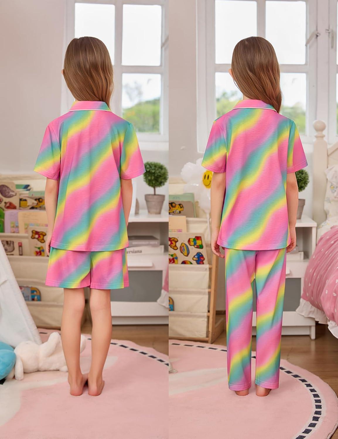 imageSWOMOG Kids Pajamas Sets 3PCS Short Sleeve Long Pants with Shorts Girls Boys Button Down PJS Cute Loungewear for 4T15YearsRainbow