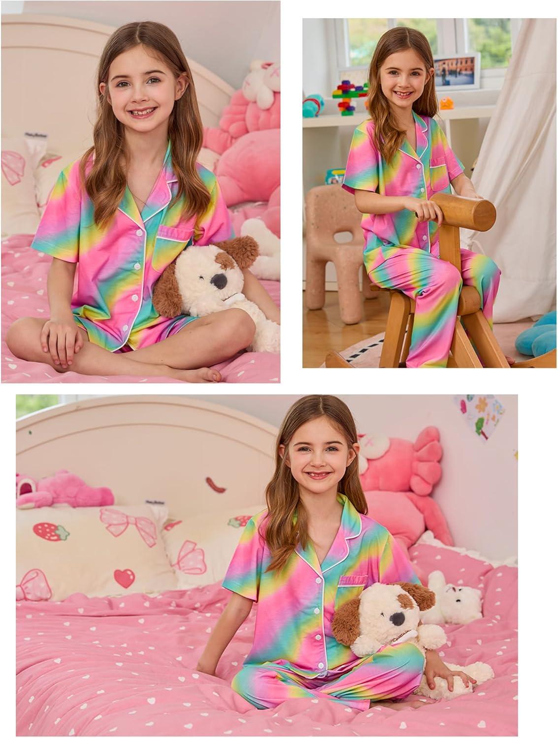 imageSWOMOG Kids Pajamas Sets 3PCS Short Sleeve Long Pants with Shorts Girls Boys Button Down PJS Cute Loungewear for 4T15YearsRainbow