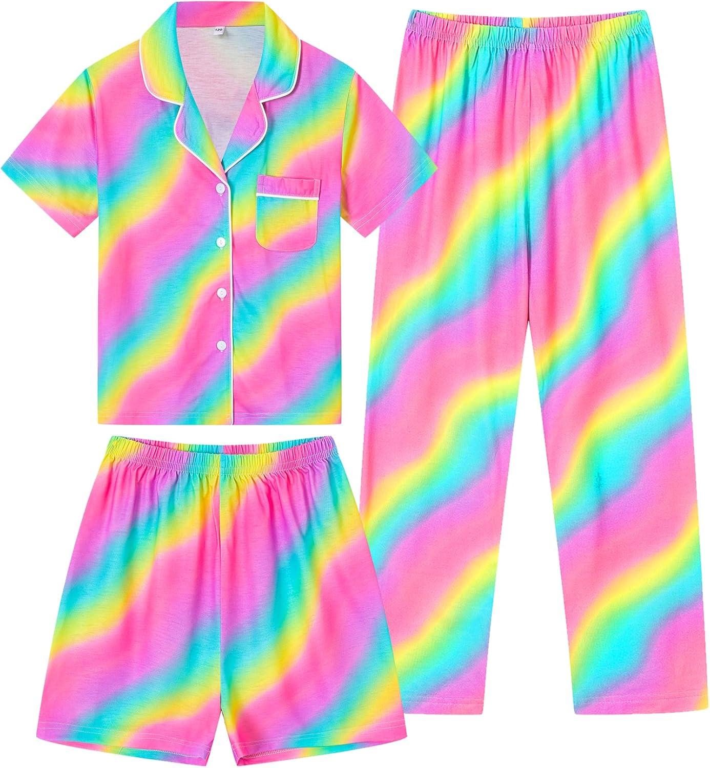 imageSWOMOG Kids Pajamas Sets 3PCS Short Sleeve Long Pants with Shorts Girls Boys Button Down PJS Cute Loungewear for 4T15YearsRainbow