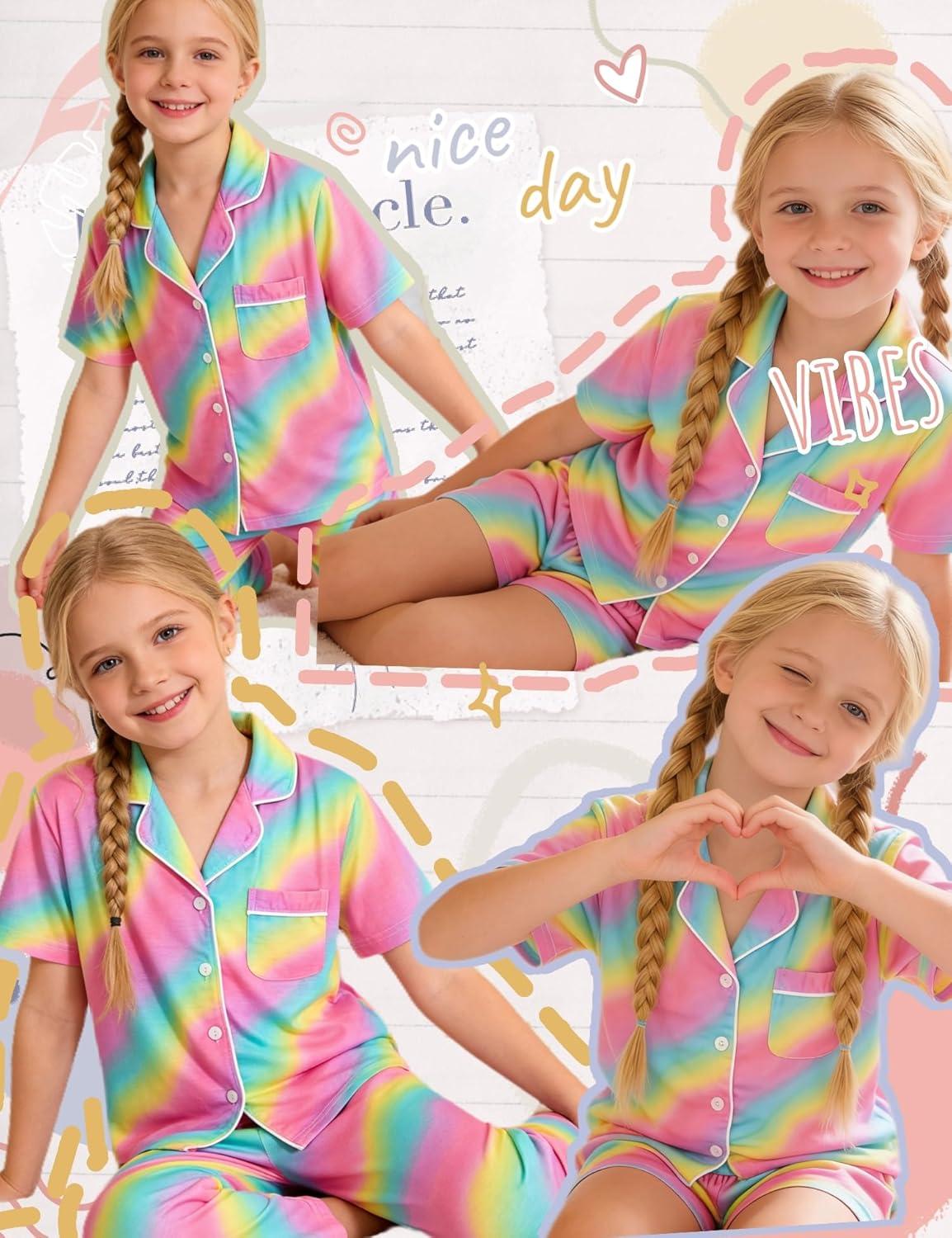imageSWOMOG Kids Pajamas Sets 3PCS Short Sleeve Long Pants with Shorts Girls Boys Button Down PJS Cute Loungewear for 4T15YearsRainbow