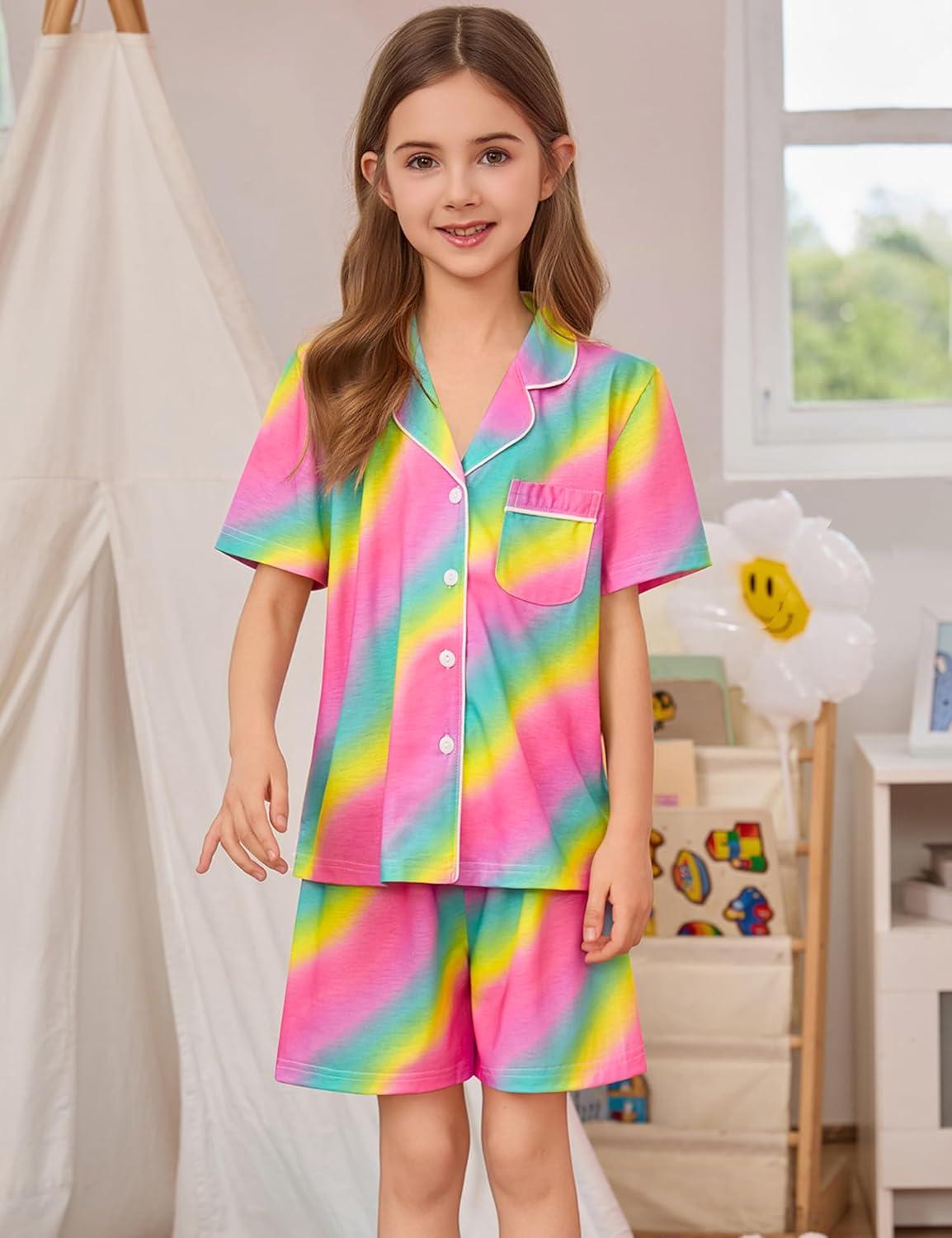 imageSWOMOG Kids Pajamas Sets 3PCS Short Sleeve Long Pants with Shorts Girls Boys Button Down PJS Cute Loungewear for 4T15YearsRainbow