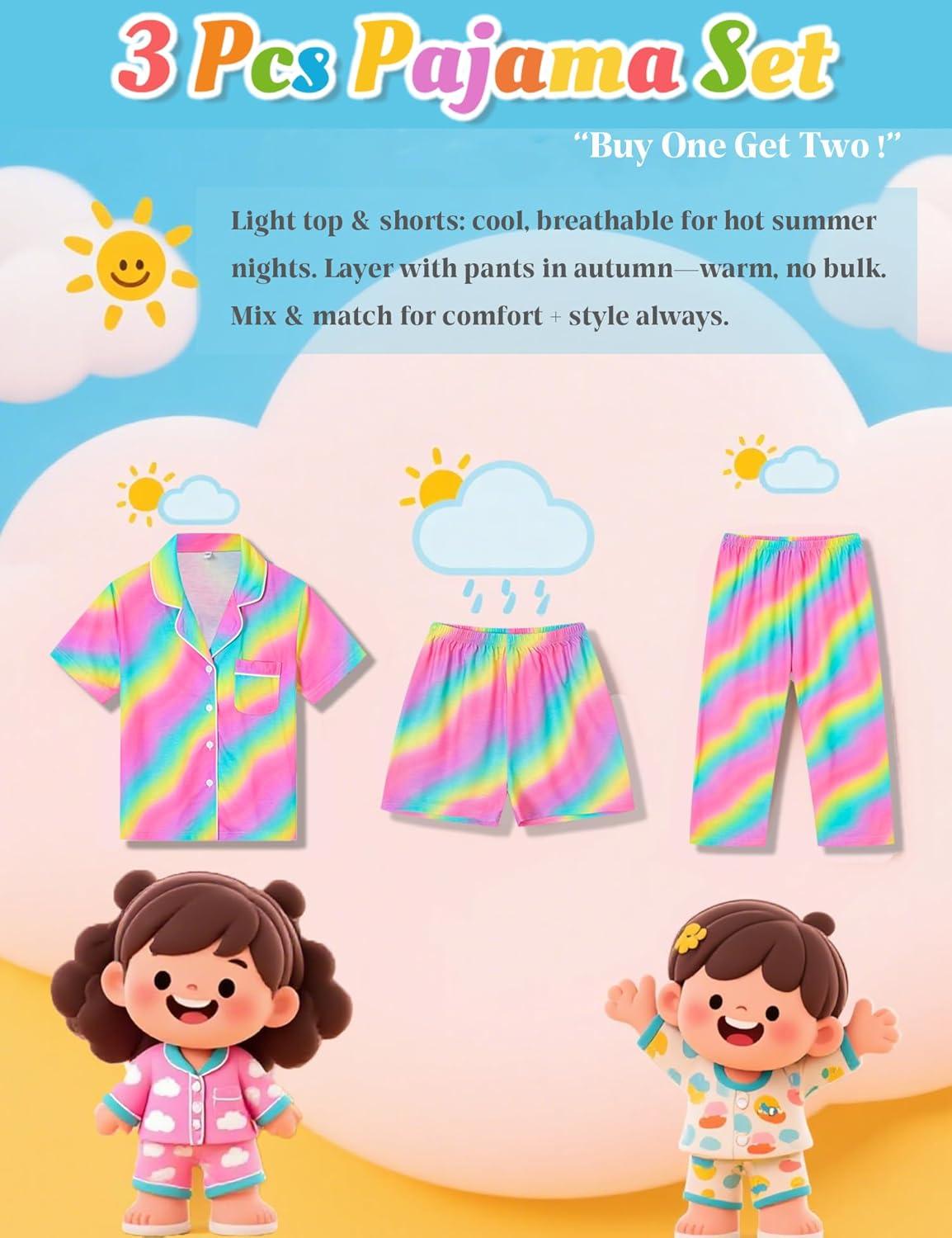 imageSWOMOG Kids Pajamas Sets 3PCS Short Sleeve Long Pants with Shorts Girls Boys Button Down PJS Cute Loungewear for 4T15YearsRainbow