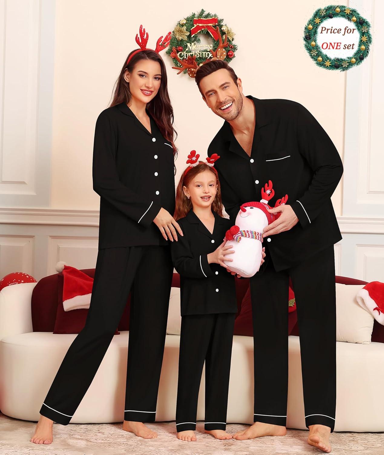 imageSWOMOG Matching Couple Christmas Pajamas Set Modal Long Sleeve ButtonDown Sleepwear Family Festival Party Xmas PJs SetsBlack