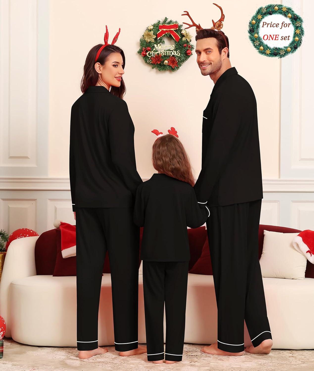 imageSWOMOG Matching Couple Christmas Pajamas Set Modal Long Sleeve ButtonDown Sleepwear Family Festival Party Xmas PJs SetsBlack