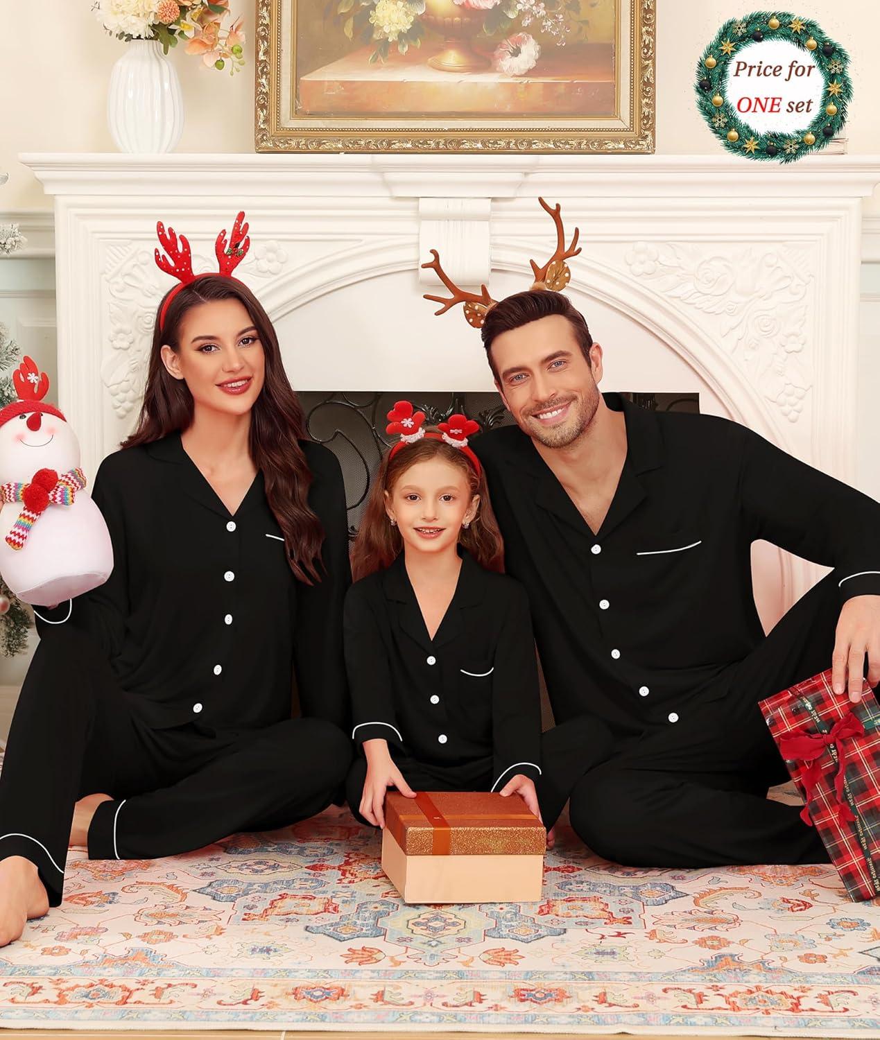 imageSWOMOG Matching Couple Christmas Pajamas Set Modal Long Sleeve ButtonDown Sleepwear Family Festival Party Xmas PJs SetsBlack