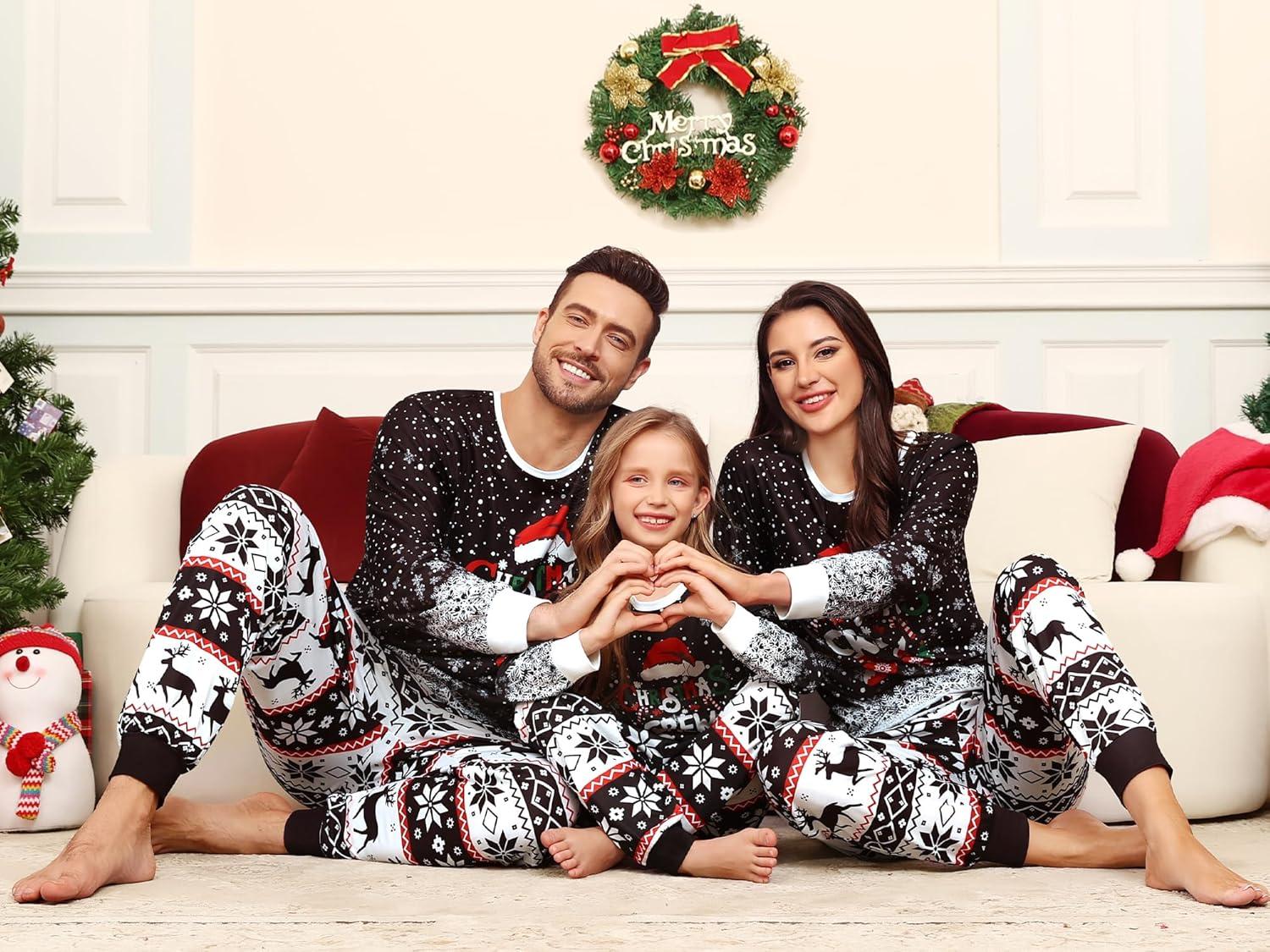 imageSWOMOG Matching Couple Christmas Pajamas Set Modal Long Sleeve ButtonDown Sleepwear Family Festival Party Xmas PJs SetsBlack Christmas Print