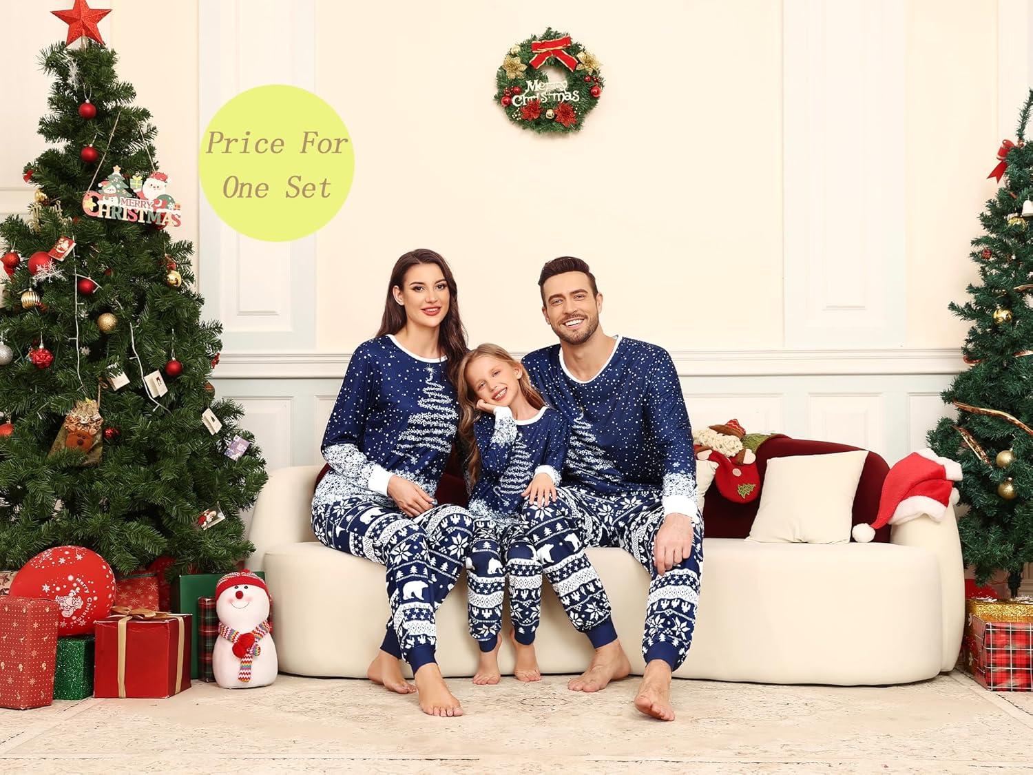 imageSWOMOG Matching Couple Christmas Pajamas Set Modal Long Sleeve ButtonDown Sleepwear Family Festival Party Xmas PJs SetsBlue Christmas Tree
