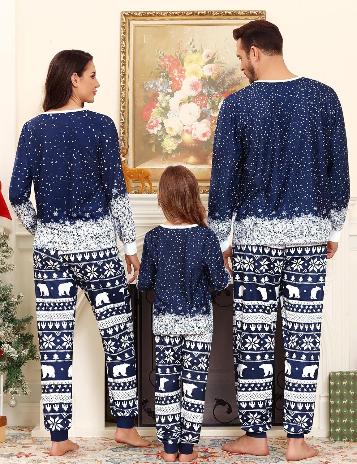 imageSWOMOG Matching Couple Christmas Pajamas Set Modal Long Sleeve ButtonDown Sleepwear Family Festival Party Xmas PJs SetsBlue Christmas Tree