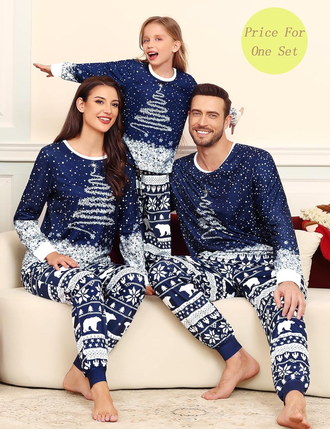 imageSWOMOG Matching Couple Christmas Pajamas Set Modal Long Sleeve ButtonDown Sleepwear Family Festival Party Xmas PJs SetsBlue Christmas Tree