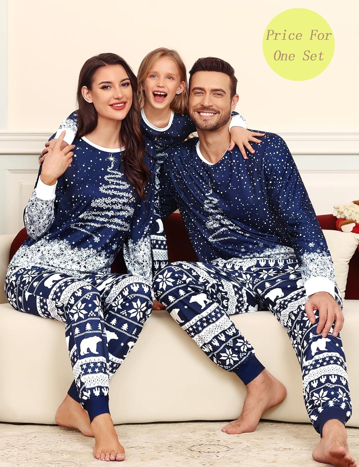 imageSWOMOG Matching Couple Christmas Pajamas Set Modal Long Sleeve ButtonDown Sleepwear Family Festival Party Xmas PJs SetsBlue Christmas Tree