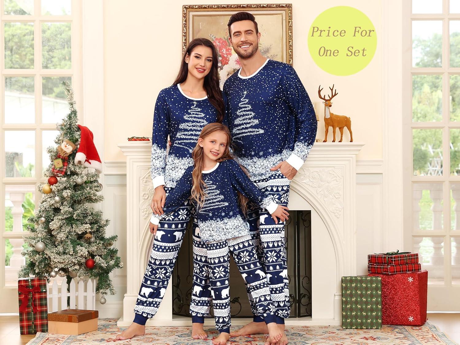 imageSWOMOG Matching Couple Christmas Pajamas Set Modal Long Sleeve ButtonDown Sleepwear Family Festival Party Xmas PJs SetsBlue Christmas Tree