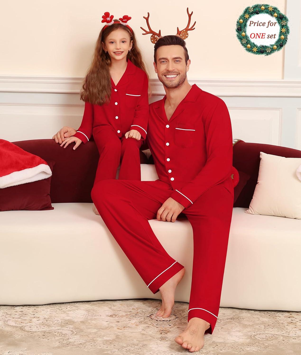 imageSWOMOG Matching Couple Christmas Pajamas Set Modal Long Sleeve ButtonDown Sleepwear Family Festival Party Xmas PJs SetsChristmas Red