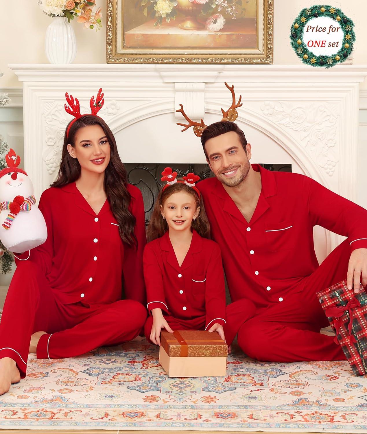 imageSWOMOG Matching Couple Christmas Pajamas Set Modal Long Sleeve ButtonDown Sleepwear Family Festival Party Xmas PJs SetsChristmas Red