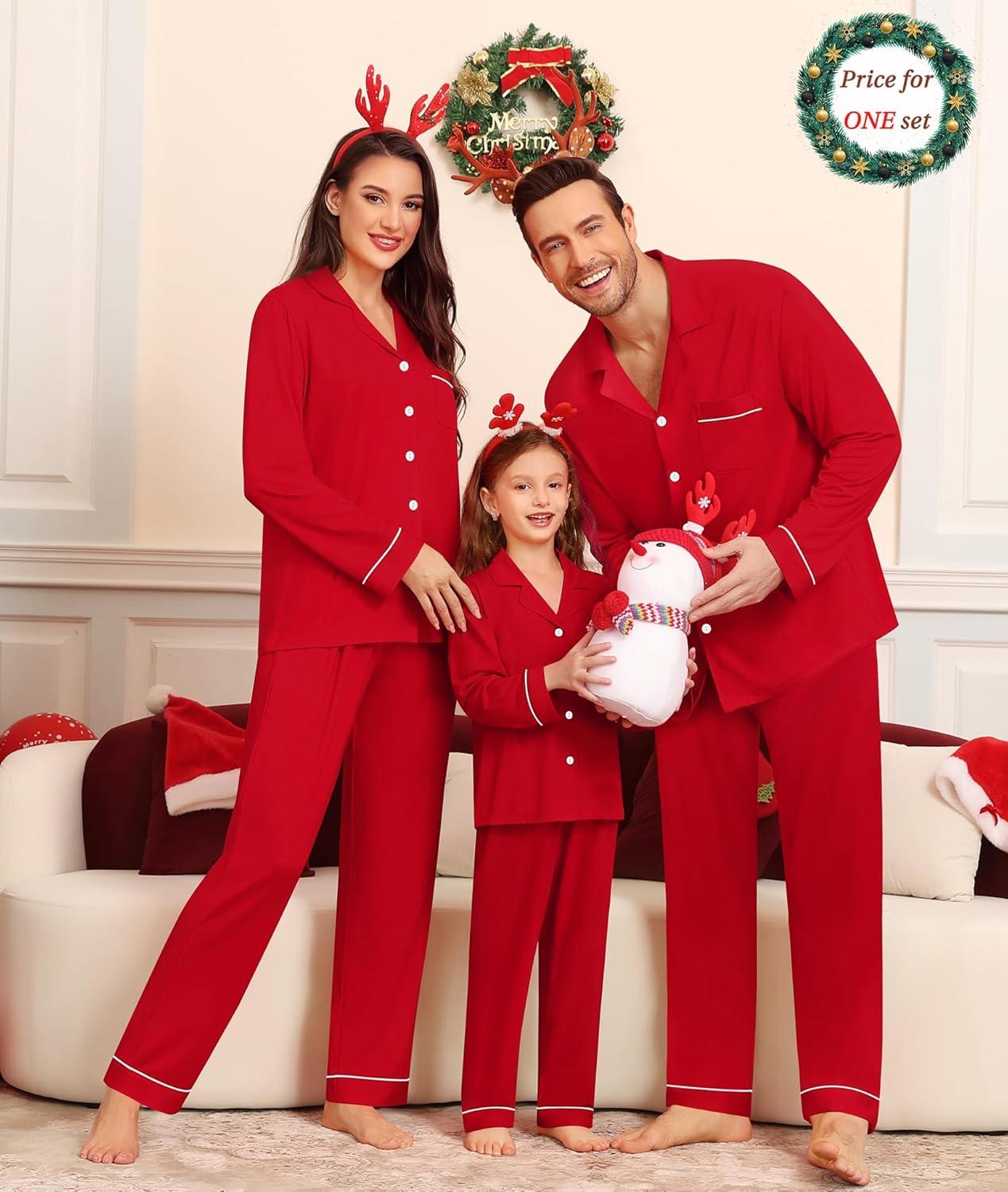 imageSWOMOG Matching Couple Christmas Pajamas Set Modal Long Sleeve ButtonDown Sleepwear Family Festival Party Xmas PJs SetsChristmas Red