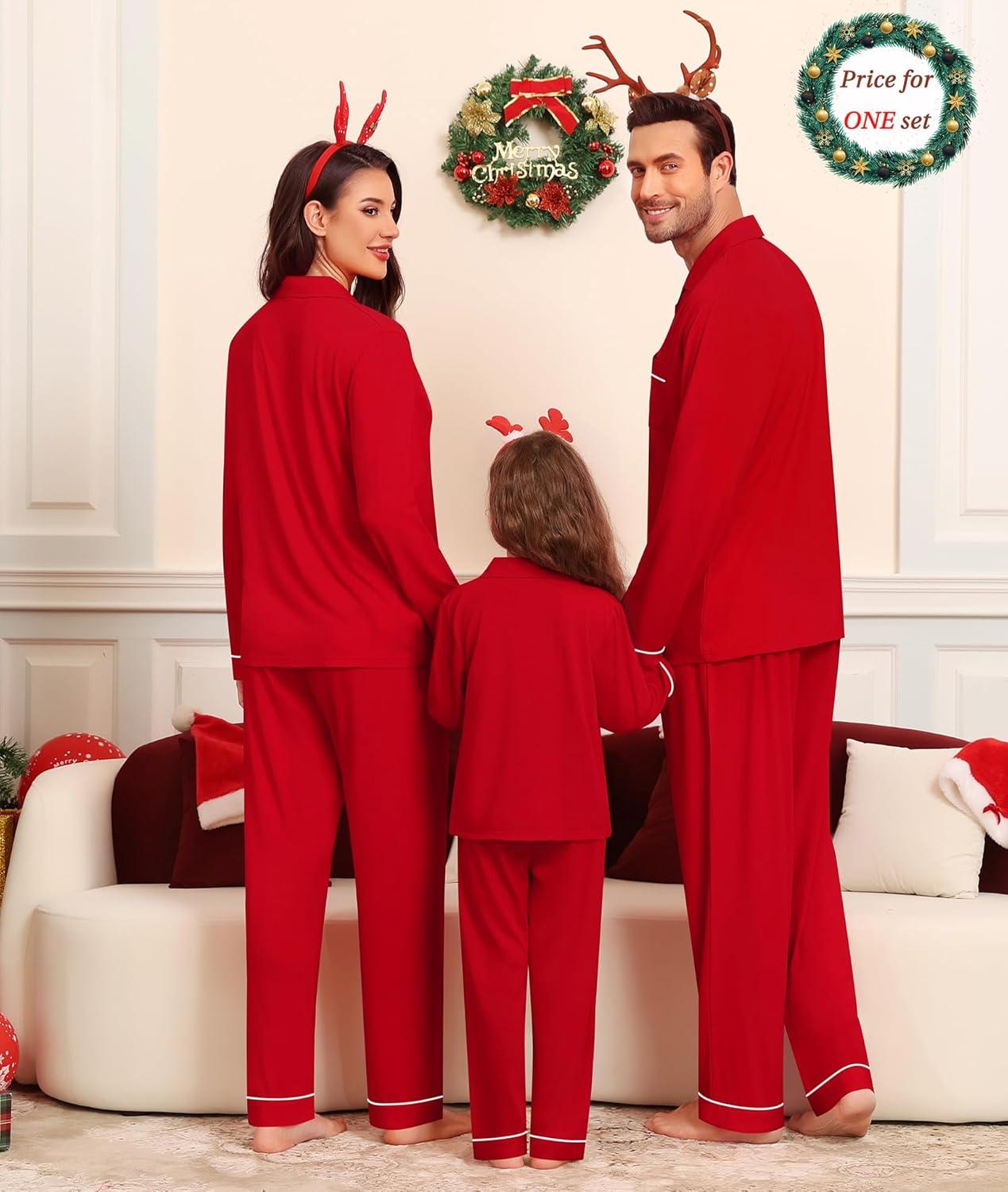 imageSWOMOG Matching Couple Christmas Pajamas Set Modal Long Sleeve ButtonDown Sleepwear Family Festival Party Xmas PJs SetsChristmas Red