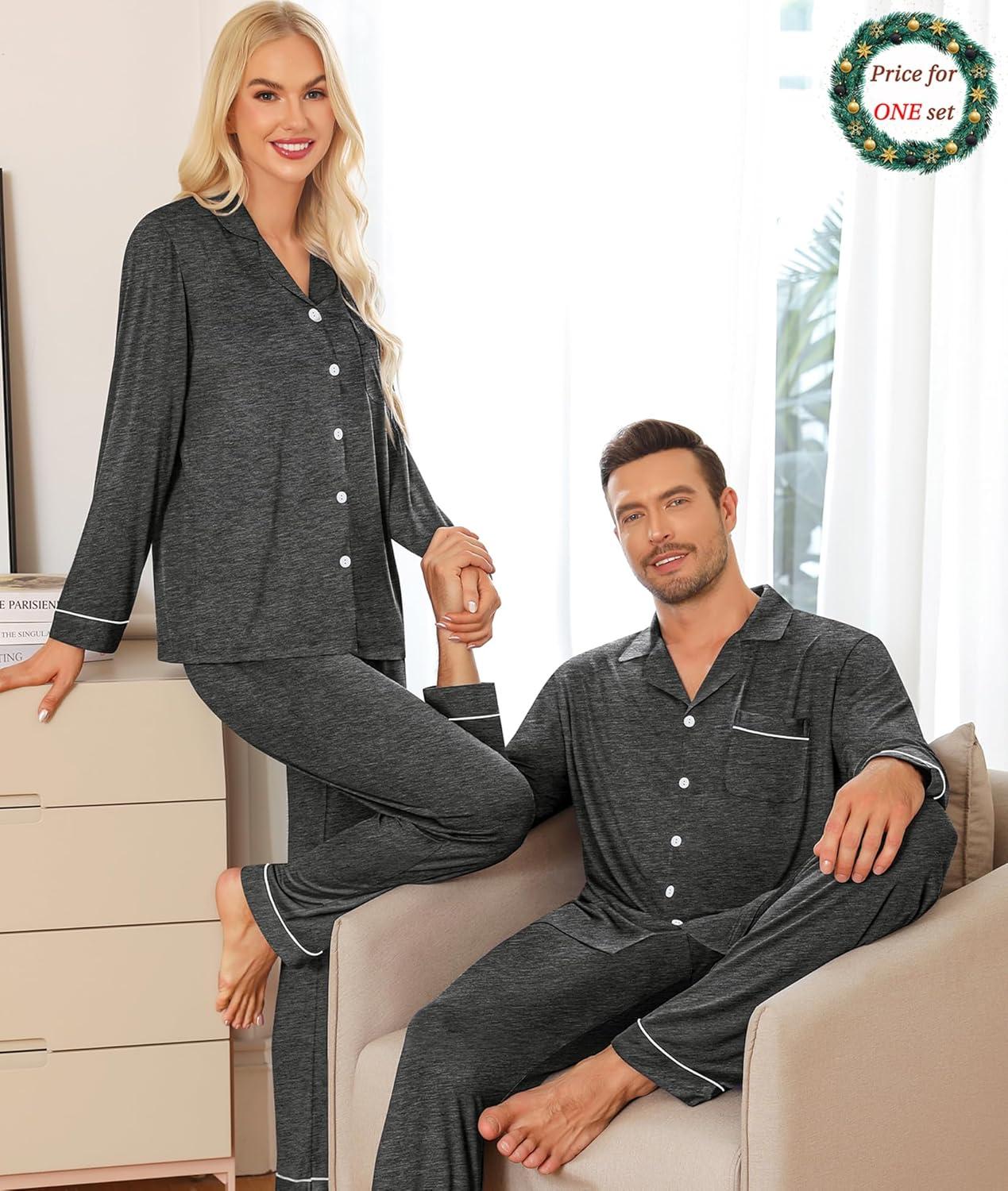imageSWOMOG Matching Couple Christmas Pajamas Set Modal Long Sleeve ButtonDown Sleepwear Family Festival Party Xmas PJs SetsDeep Grey