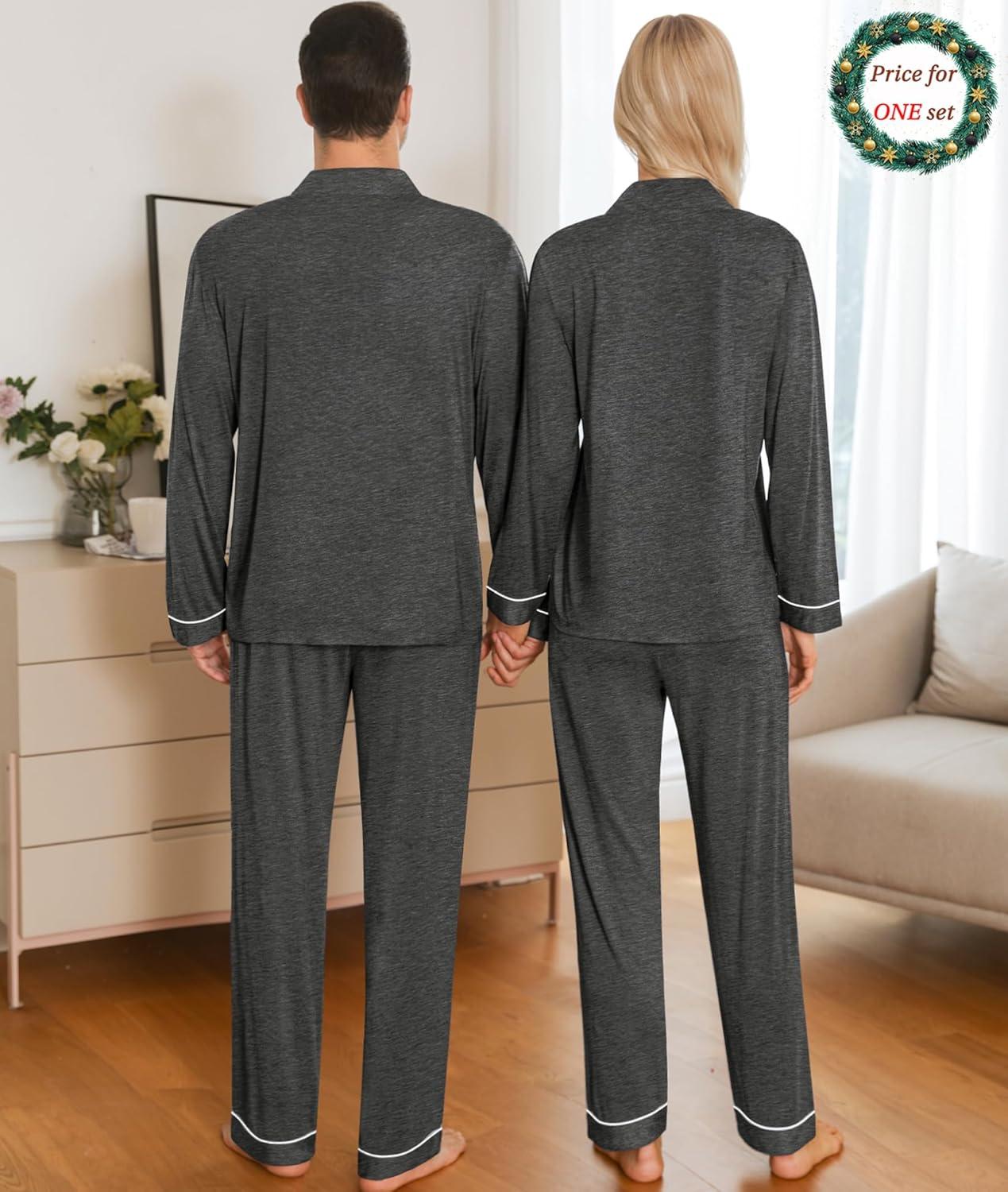 imageSWOMOG Matching Couple Christmas Pajamas Set Modal Long Sleeve ButtonDown Sleepwear Family Festival Party Xmas PJs SetsDeep Grey