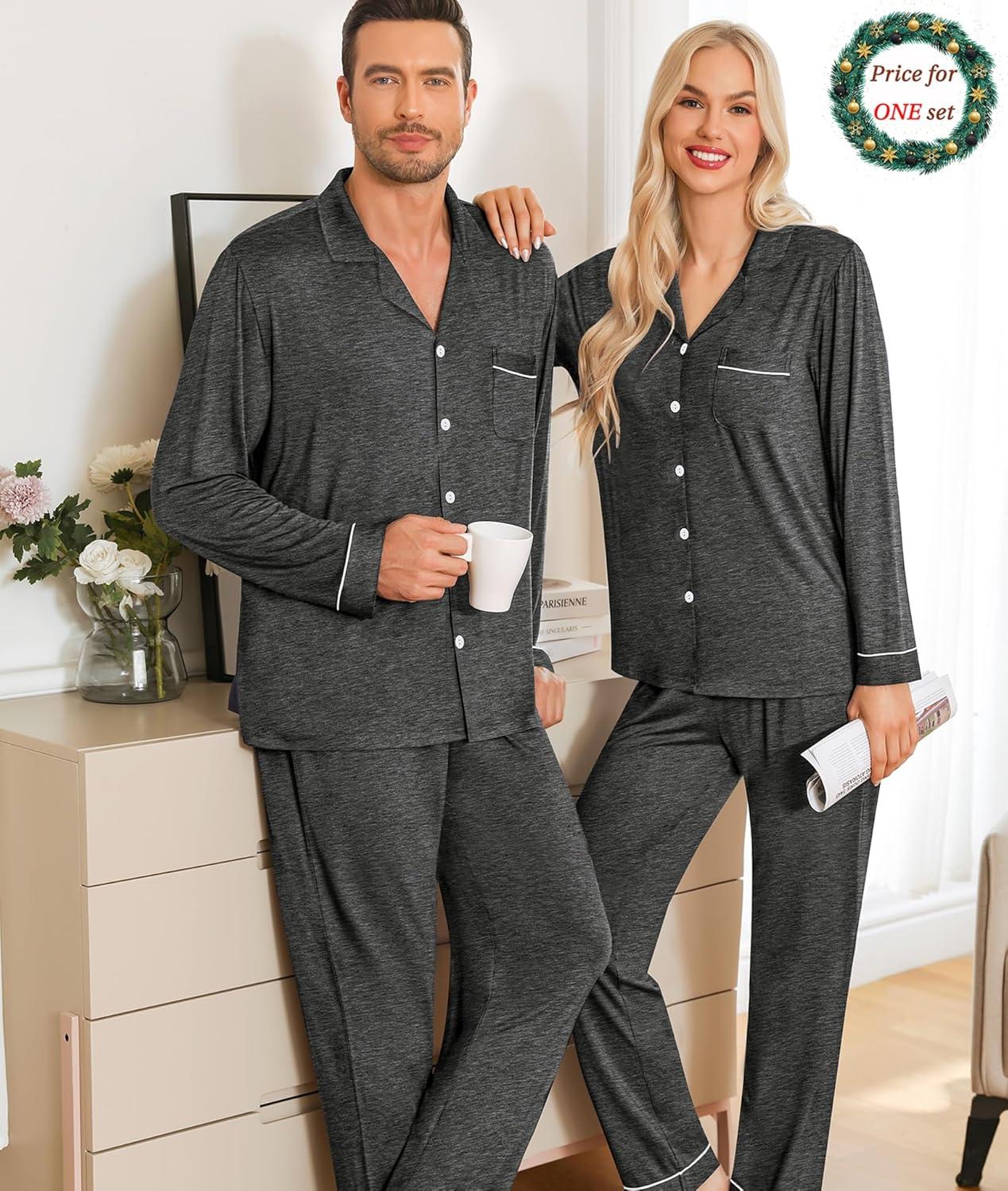 imageSWOMOG Matching Couple Christmas Pajamas Set Modal Long Sleeve ButtonDown Sleepwear Family Festival Party Xmas PJs SetsDeep Grey