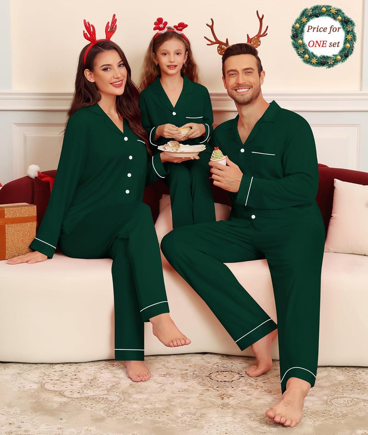 imageSWOMOG Matching Couple Christmas Pajamas Set Modal Long Sleeve ButtonDown Sleepwear Family Festival Party Xmas PJs SetsGreen