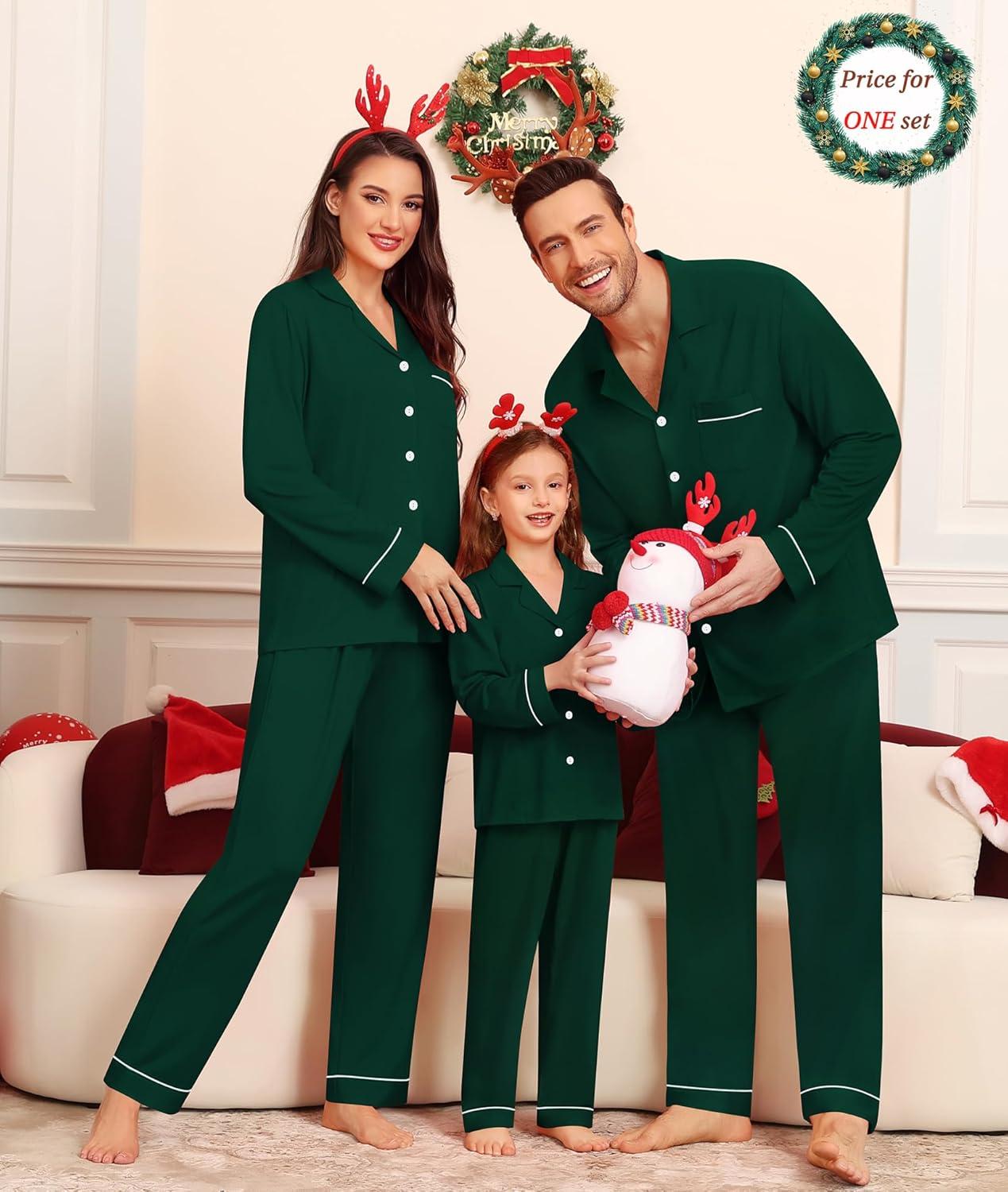 imageSWOMOG Matching Couple Christmas Pajamas Set Modal Long Sleeve ButtonDown Sleepwear Family Festival Party Xmas PJs SetsGreen