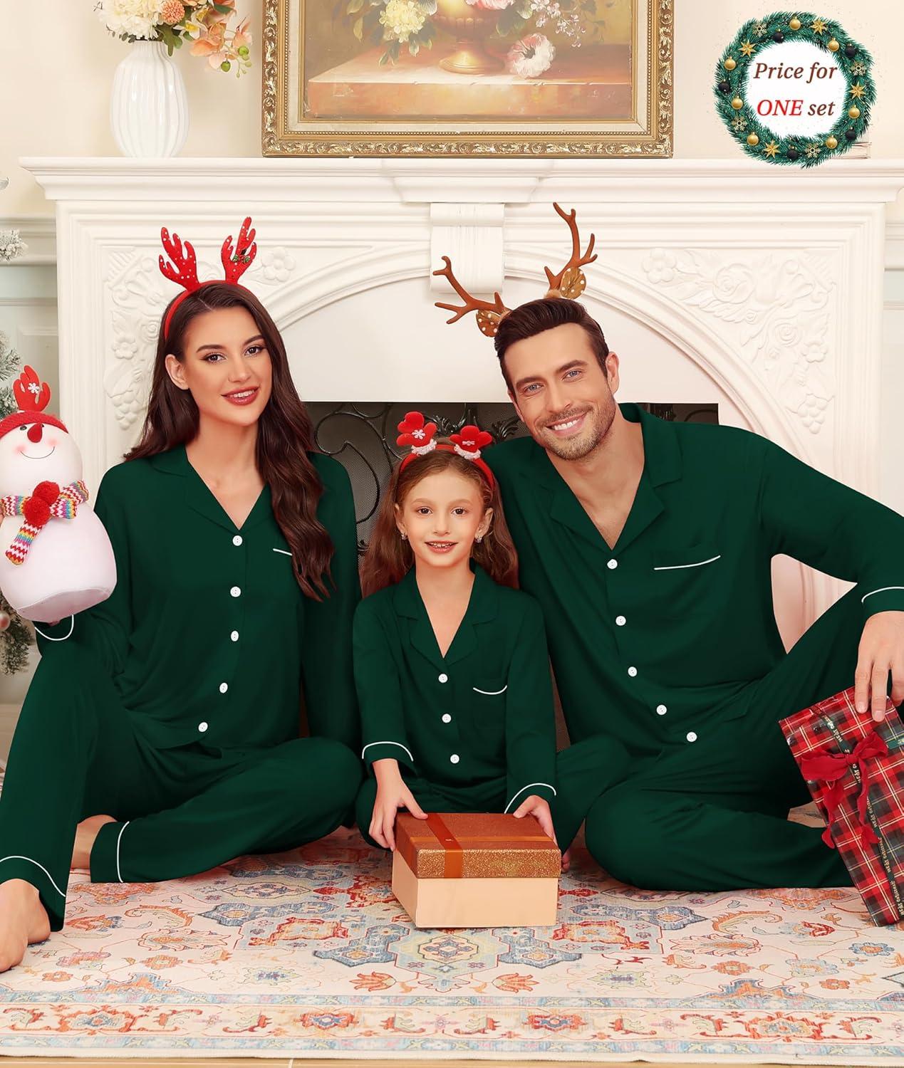 imageSWOMOG Matching Couple Christmas Pajamas Set Modal Long Sleeve ButtonDown Sleepwear Family Festival Party Xmas PJs SetsGreen