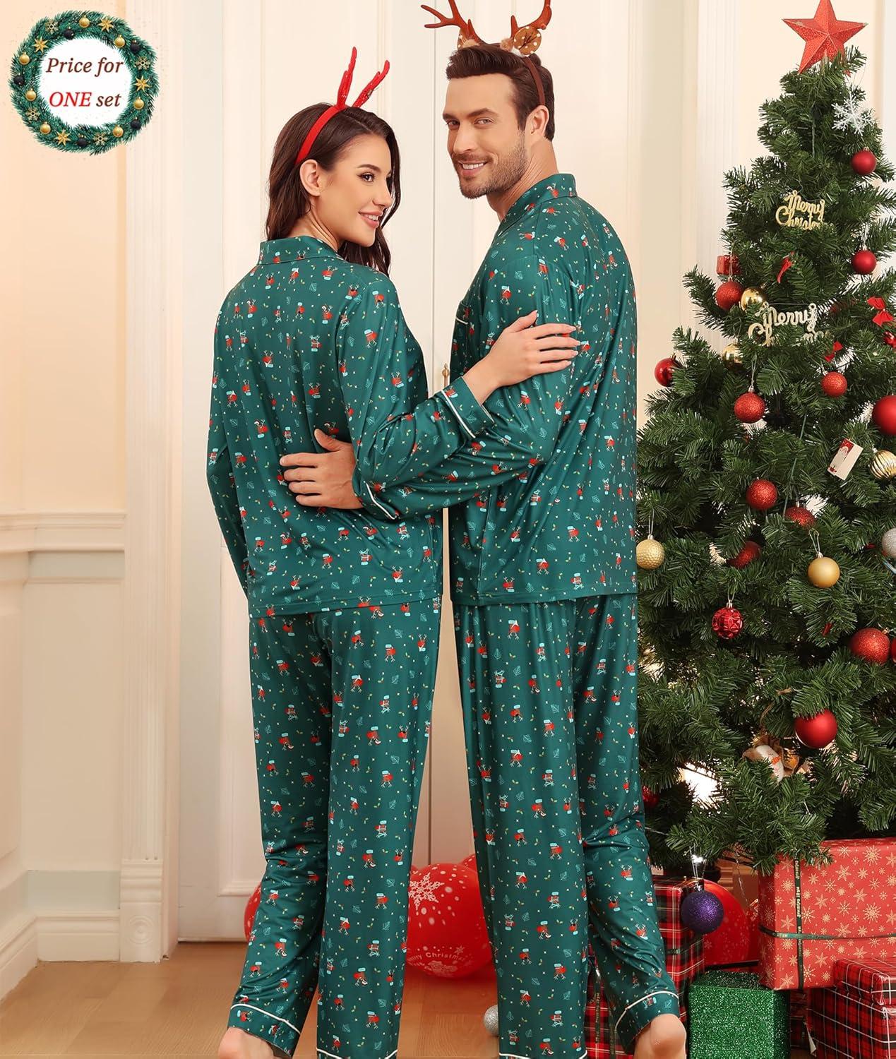 imageSWOMOG Matching Couple Christmas Pajamas Set Modal Long Sleeve ButtonDown Sleepwear Family Festival Party Xmas PJs SetsGreen Christmas Elk