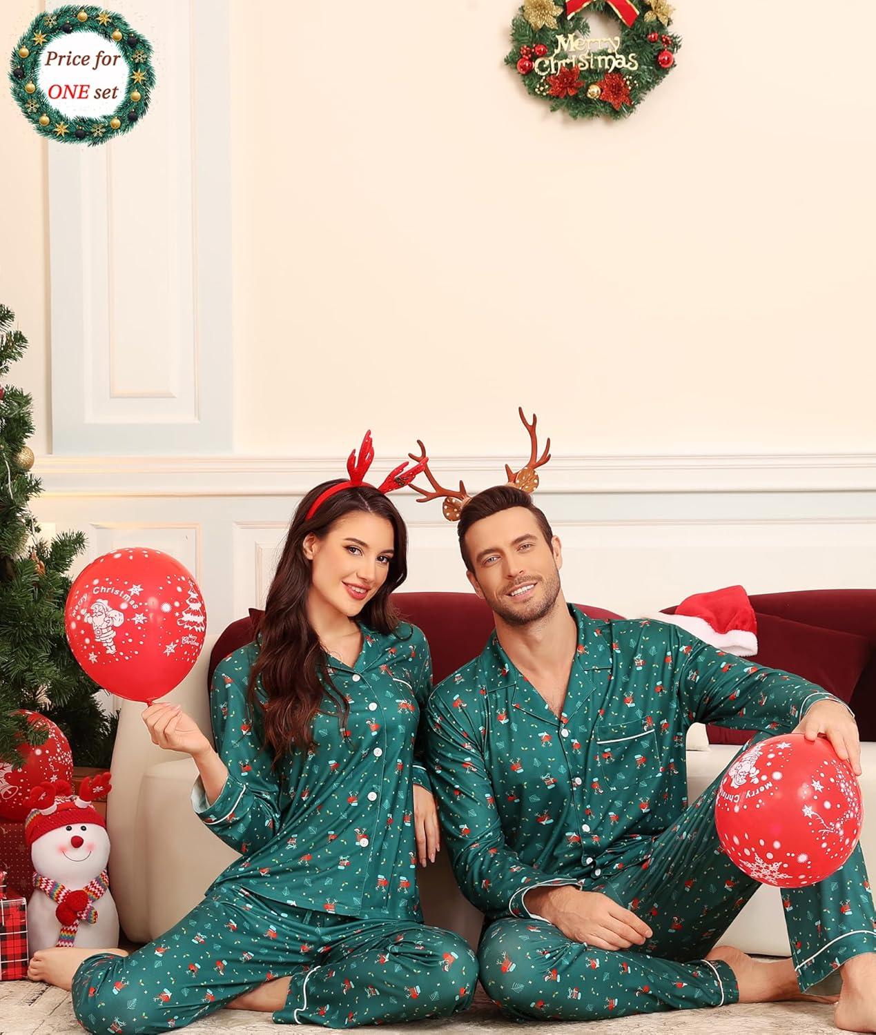 imageSWOMOG Matching Couple Christmas Pajamas Set Modal Long Sleeve ButtonDown Sleepwear Family Festival Party Xmas PJs SetsGreen Christmas Elk