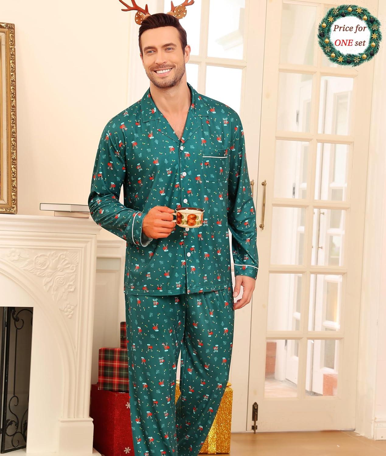 imageSWOMOG Matching Couple Christmas Pajamas Set Modal Long Sleeve ButtonDown Sleepwear Family Festival Party Xmas PJs SetsGreen Christmas Elk
