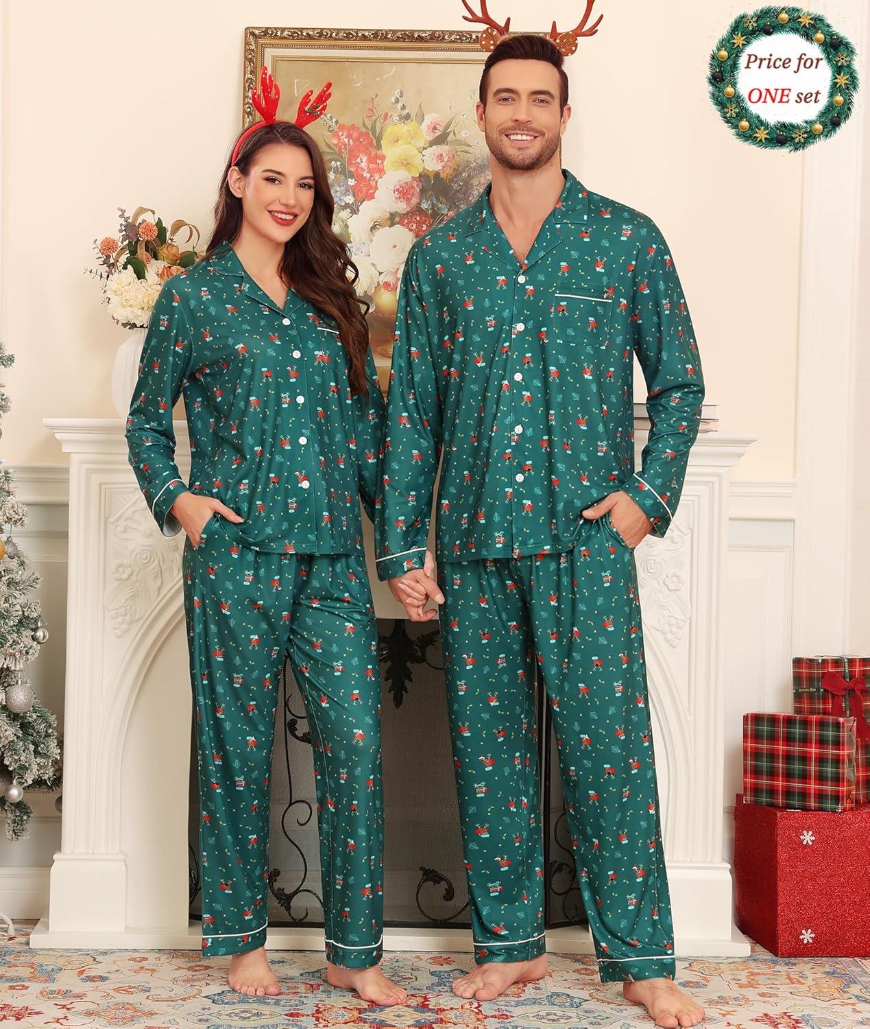 imageSWOMOG Matching Couple Christmas Pajamas Set Modal Long Sleeve ButtonDown Sleepwear Family Festival Party Xmas PJs SetsGreen Christmas Elk
