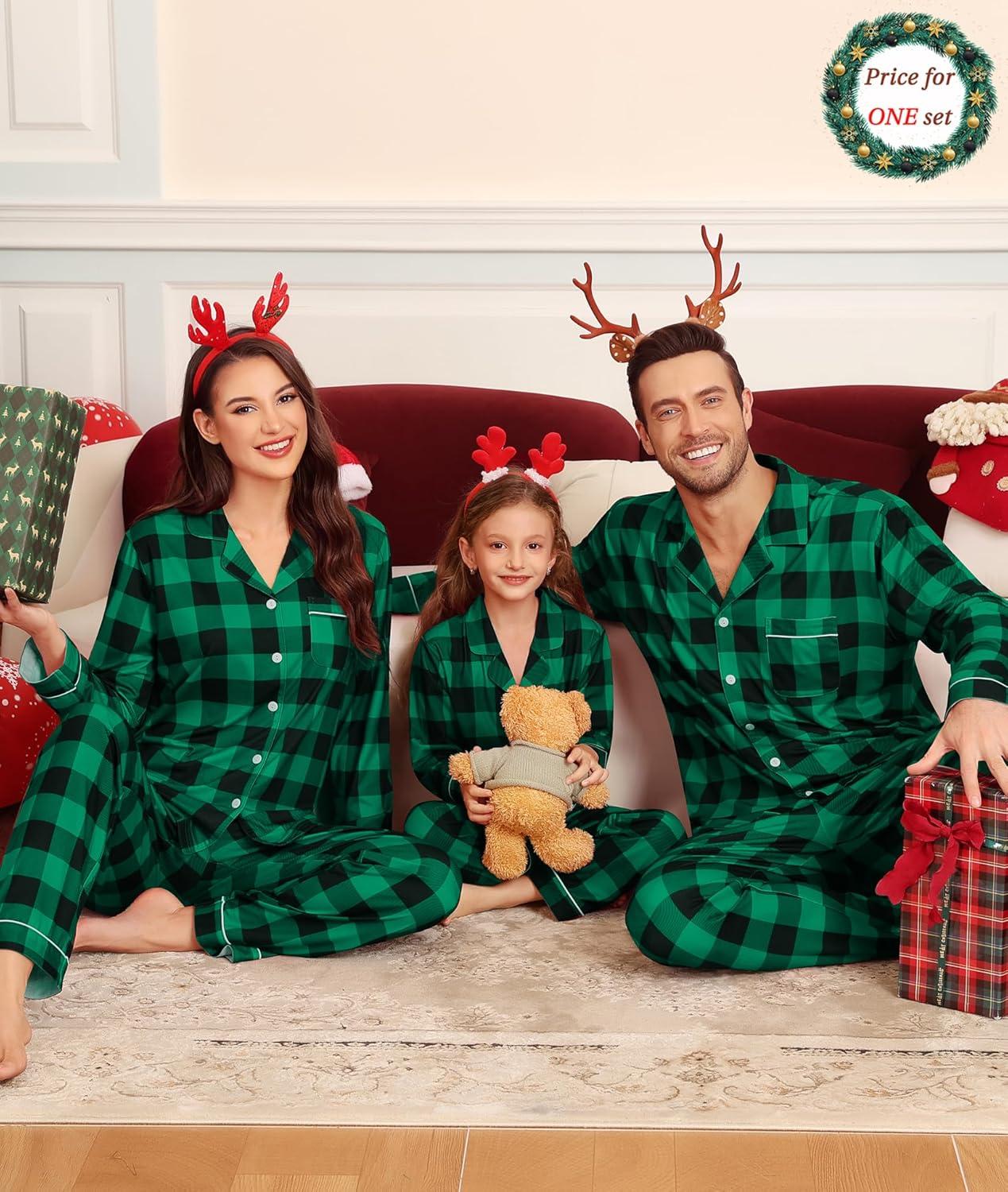 imageSWOMOG Matching Couple Christmas Pajamas Set Modal Long Sleeve ButtonDown Sleepwear Family Festival Party Xmas PJs SetsGreen With Black Grid