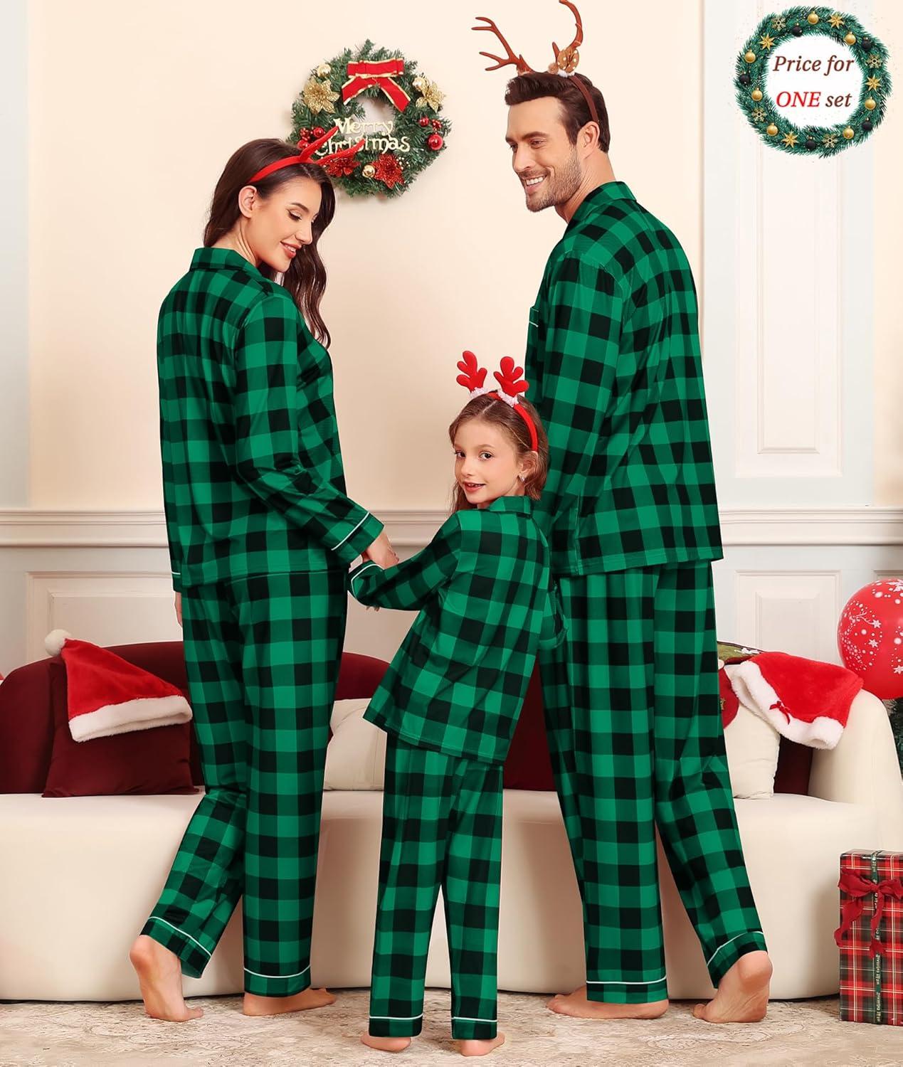 imageSWOMOG Matching Couple Christmas Pajamas Set Modal Long Sleeve ButtonDown Sleepwear Family Festival Party Xmas PJs SetsGreen With Black Grid