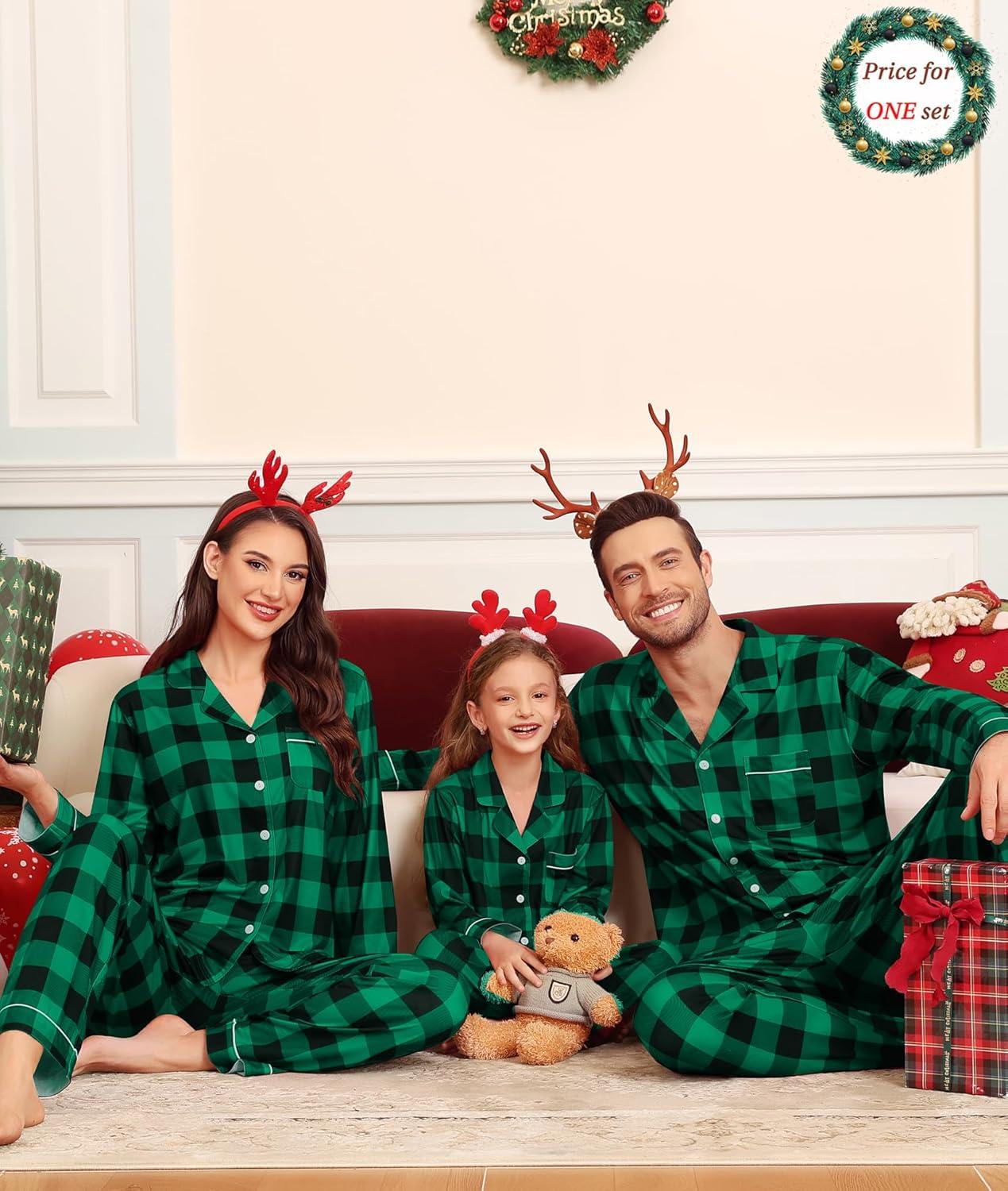 imageSWOMOG Matching Couple Christmas Pajamas Set Modal Long Sleeve ButtonDown Sleepwear Family Festival Party Xmas PJs SetsGreen With Black Grid