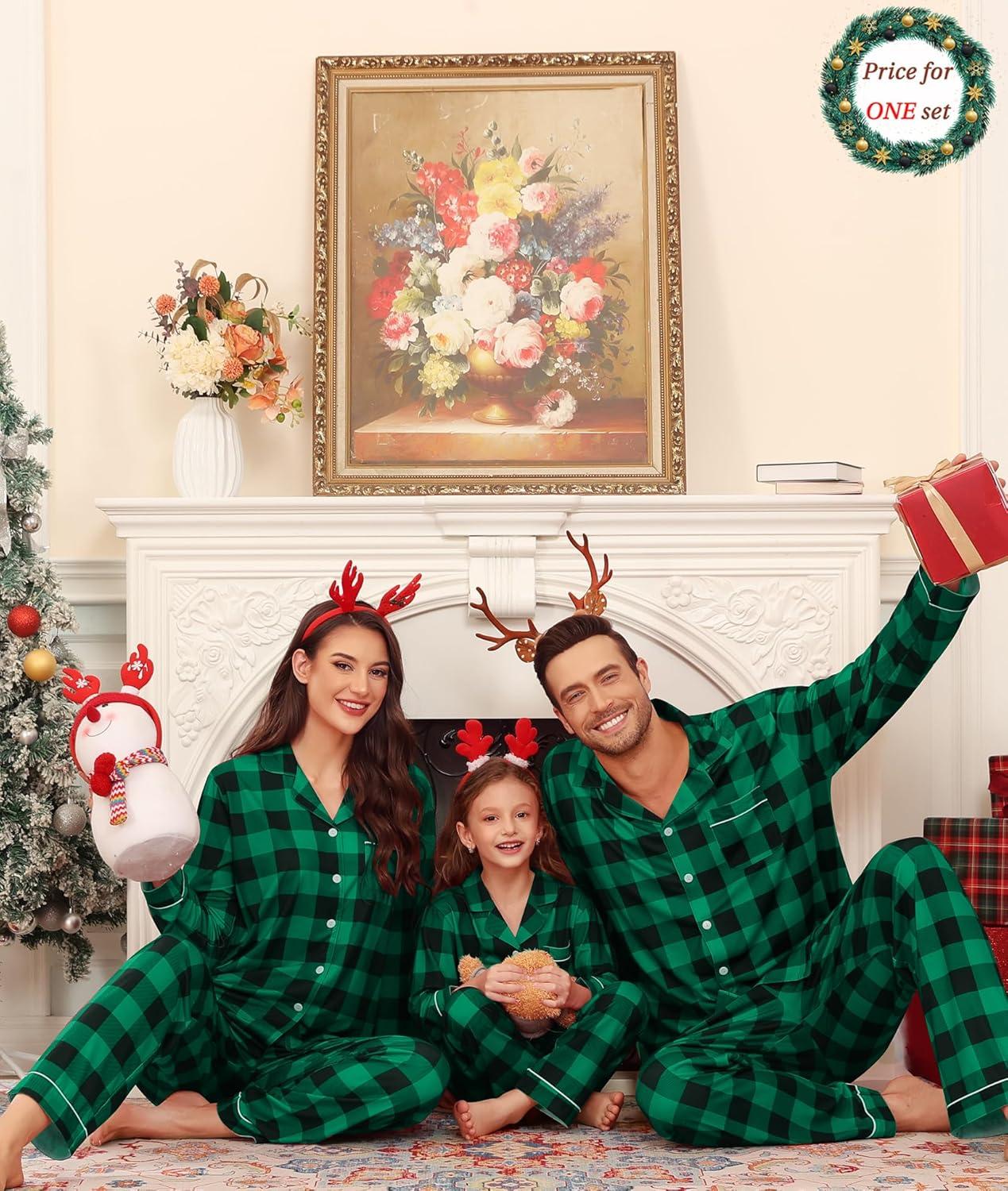 imageSWOMOG Matching Couple Christmas Pajamas Set Modal Long Sleeve ButtonDown Sleepwear Family Festival Party Xmas PJs SetsGreen With Black Grid