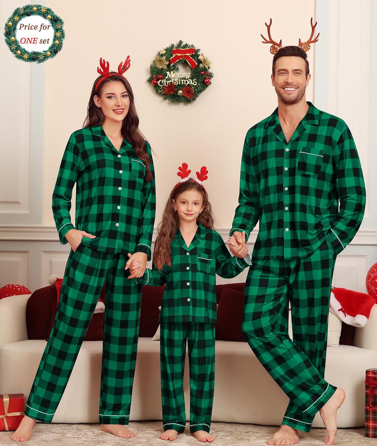imageSWOMOG Matching Couple Christmas Pajamas Set Modal Long Sleeve ButtonDown Sleepwear Family Festival Party Xmas PJs SetsGreen With Black Grid