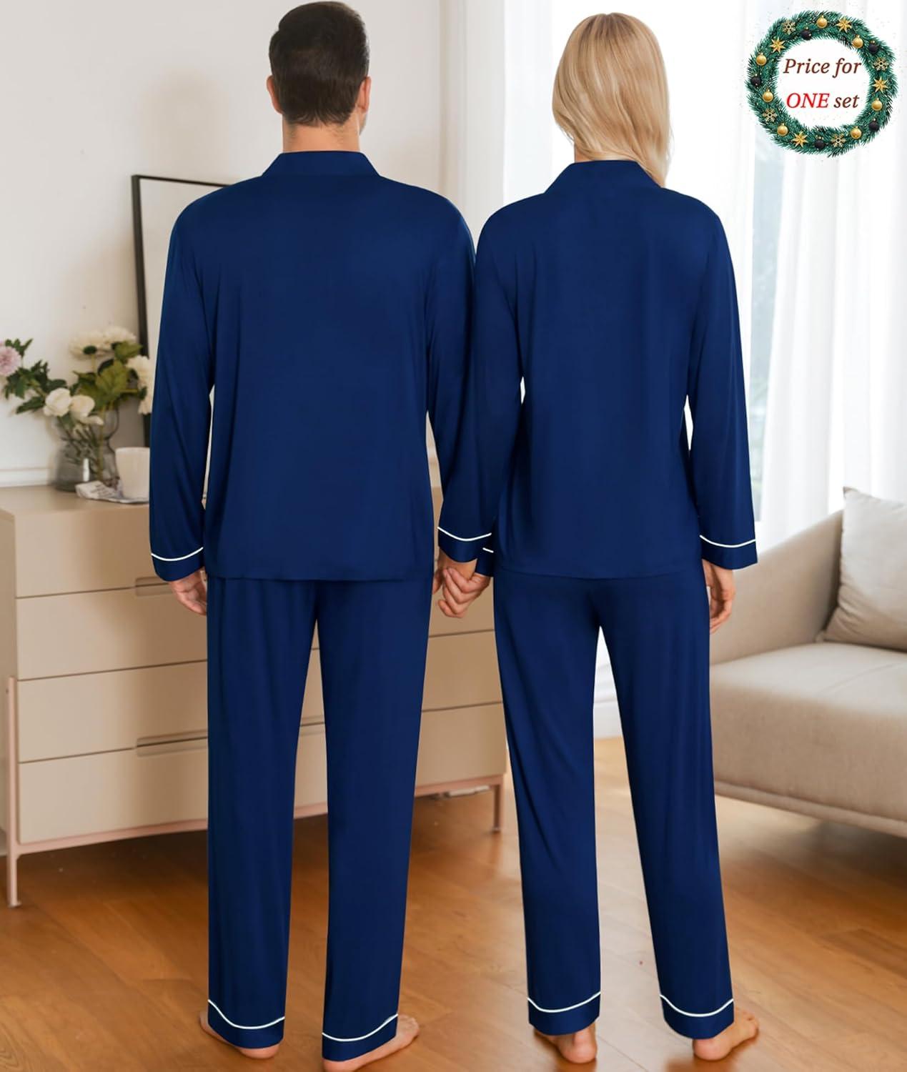 imageSWOMOG Matching Couple Christmas Pajamas Set Modal Long Sleeve ButtonDown Sleepwear Family Festival Party Xmas PJs SetsNavy Blue