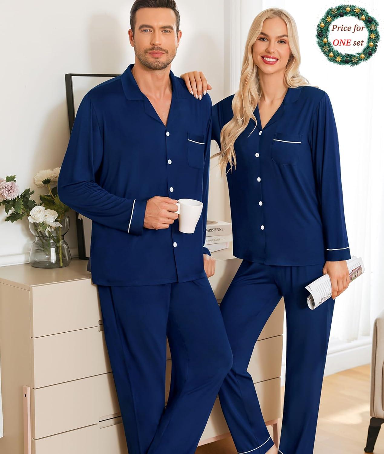 imageSWOMOG Matching Couple Christmas Pajamas Set Modal Long Sleeve ButtonDown Sleepwear Family Festival Party Xmas PJs SetsNavy Blue