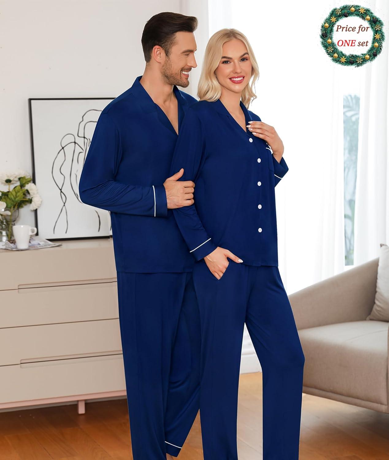 imageSWOMOG Matching Couple Christmas Pajamas Set Modal Long Sleeve ButtonDown Sleepwear Family Festival Party Xmas PJs SetsNavy Blue